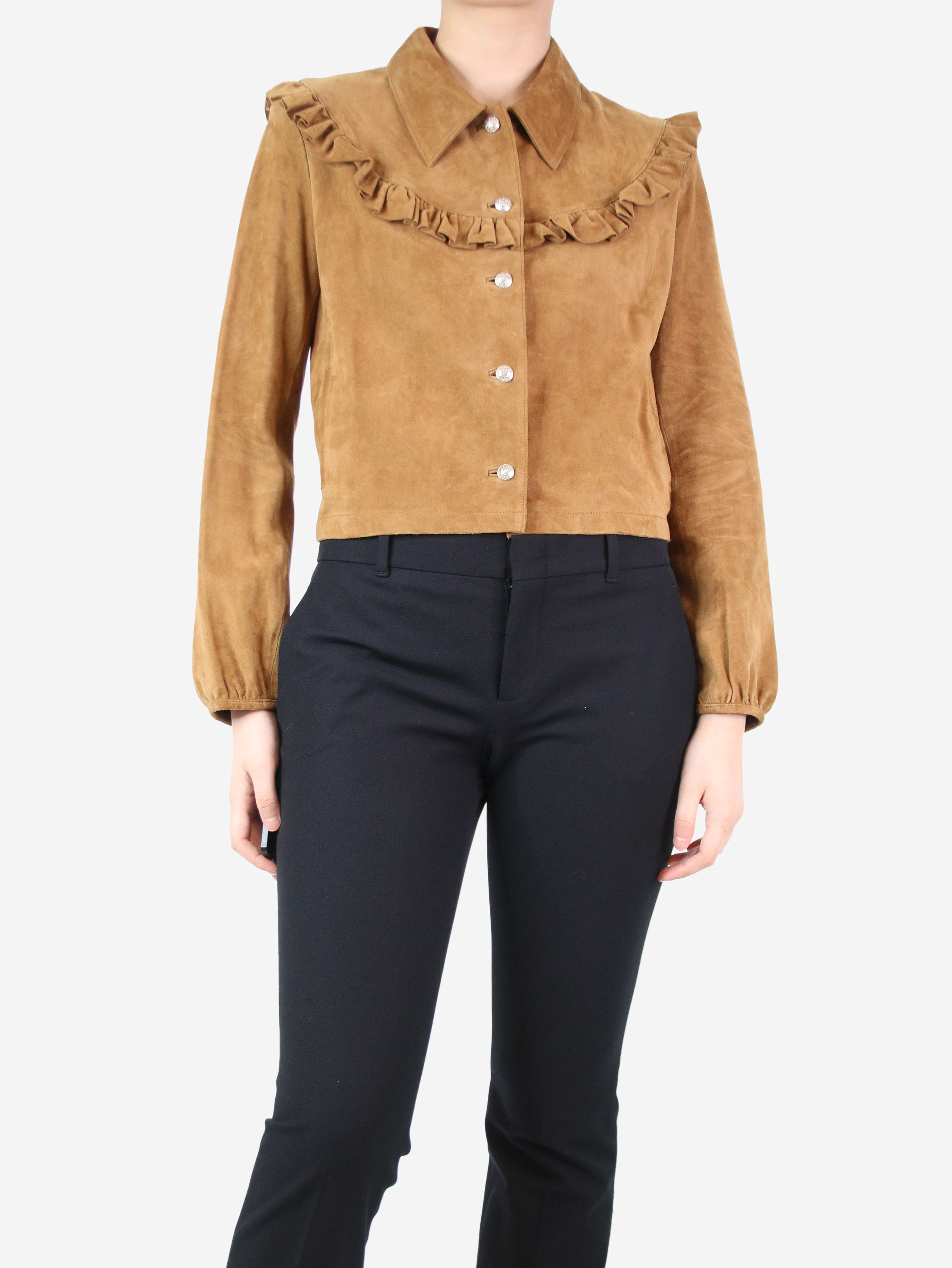 image of Maje Tan Suede Ruffled Jacket - Size Uk 12, Women's
