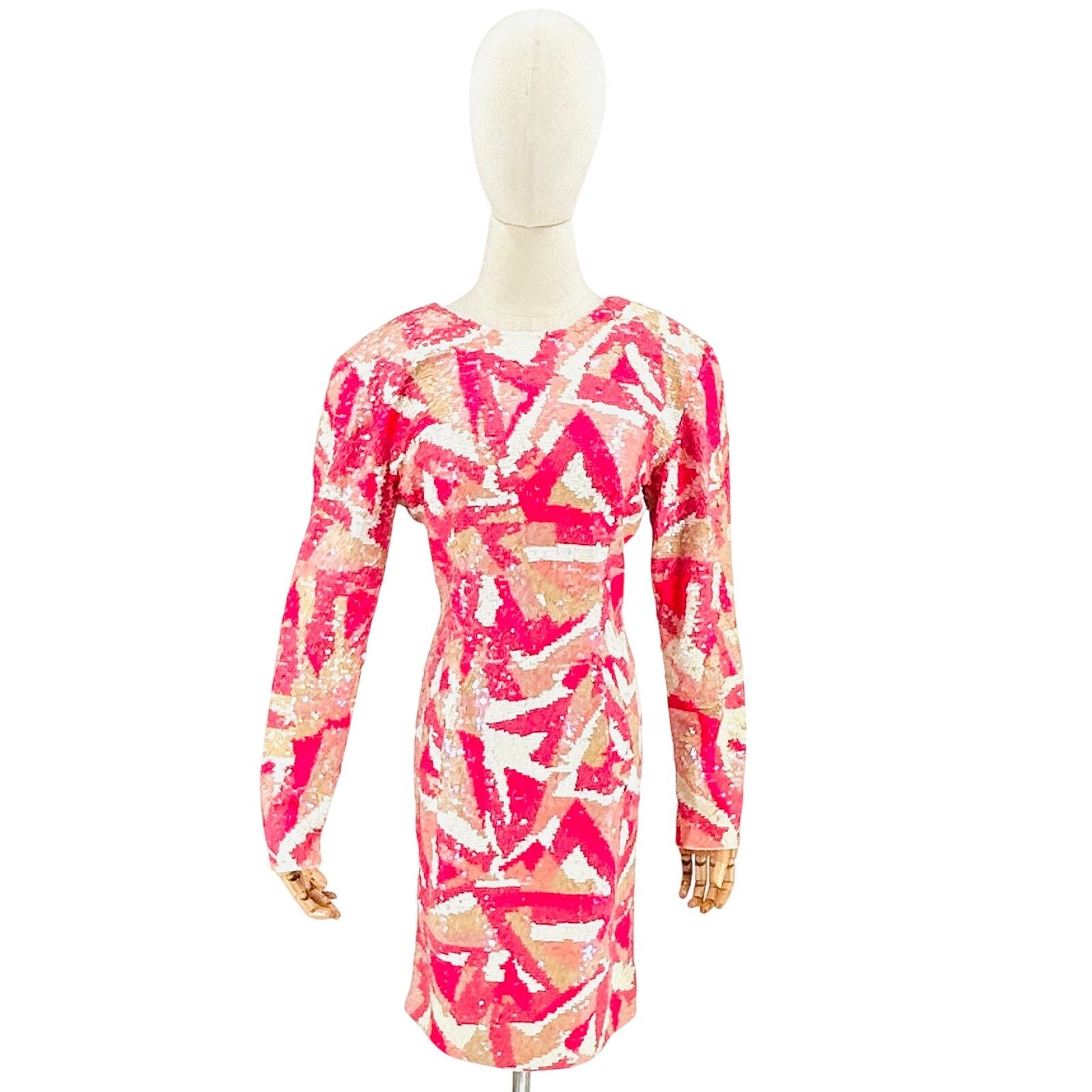 Vintage Vintage 80s Pink White Geometric Sequin V-Back Mini Dress Size XS / US 0-2 / IT 36-38 - 1 Thumbnail