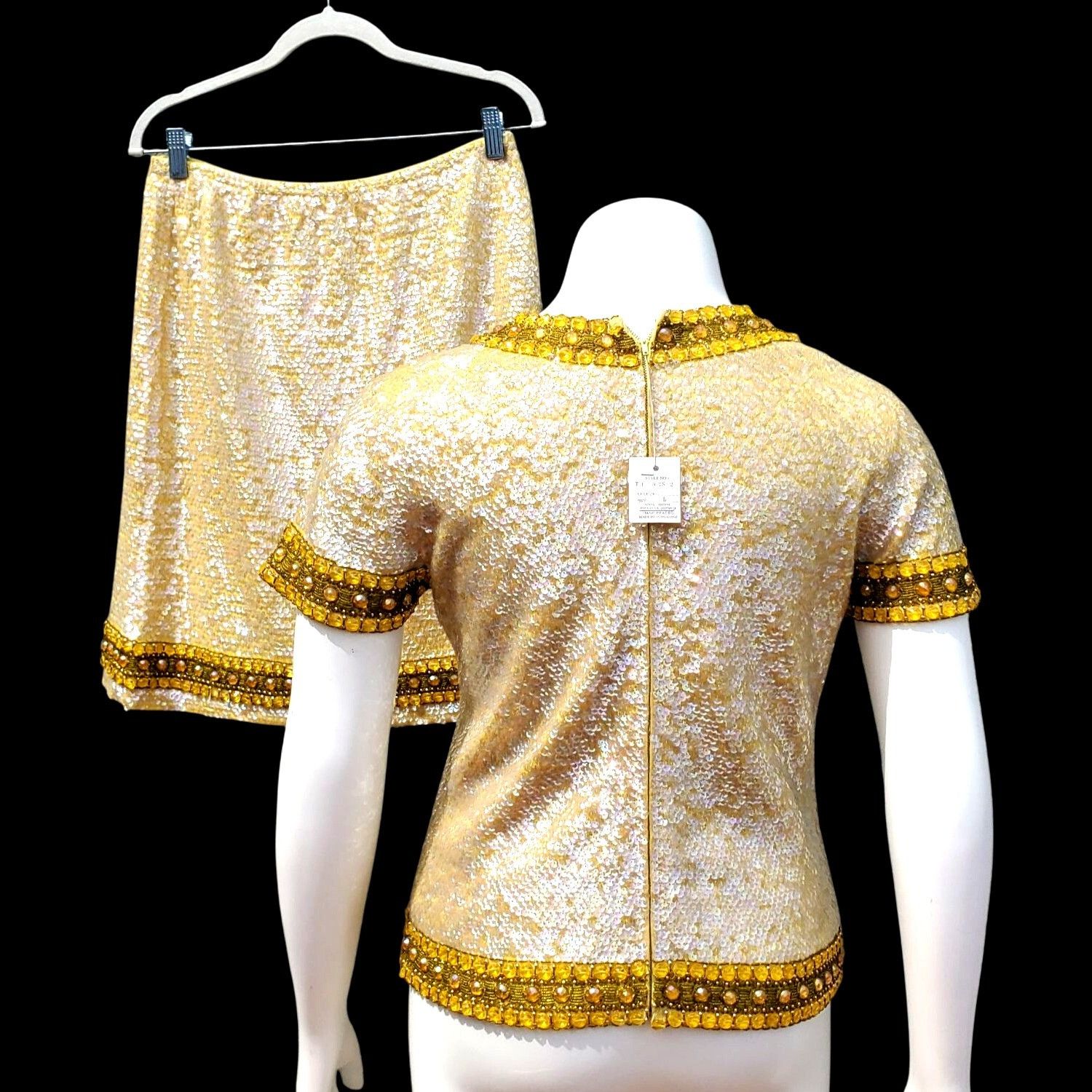 Vintage 60s Sequin Beaded Yellow Skirt Set XL NWT Cleopatra Movie In Size XL / US 12-14 / IT 48-50 - 4 Thumbnail