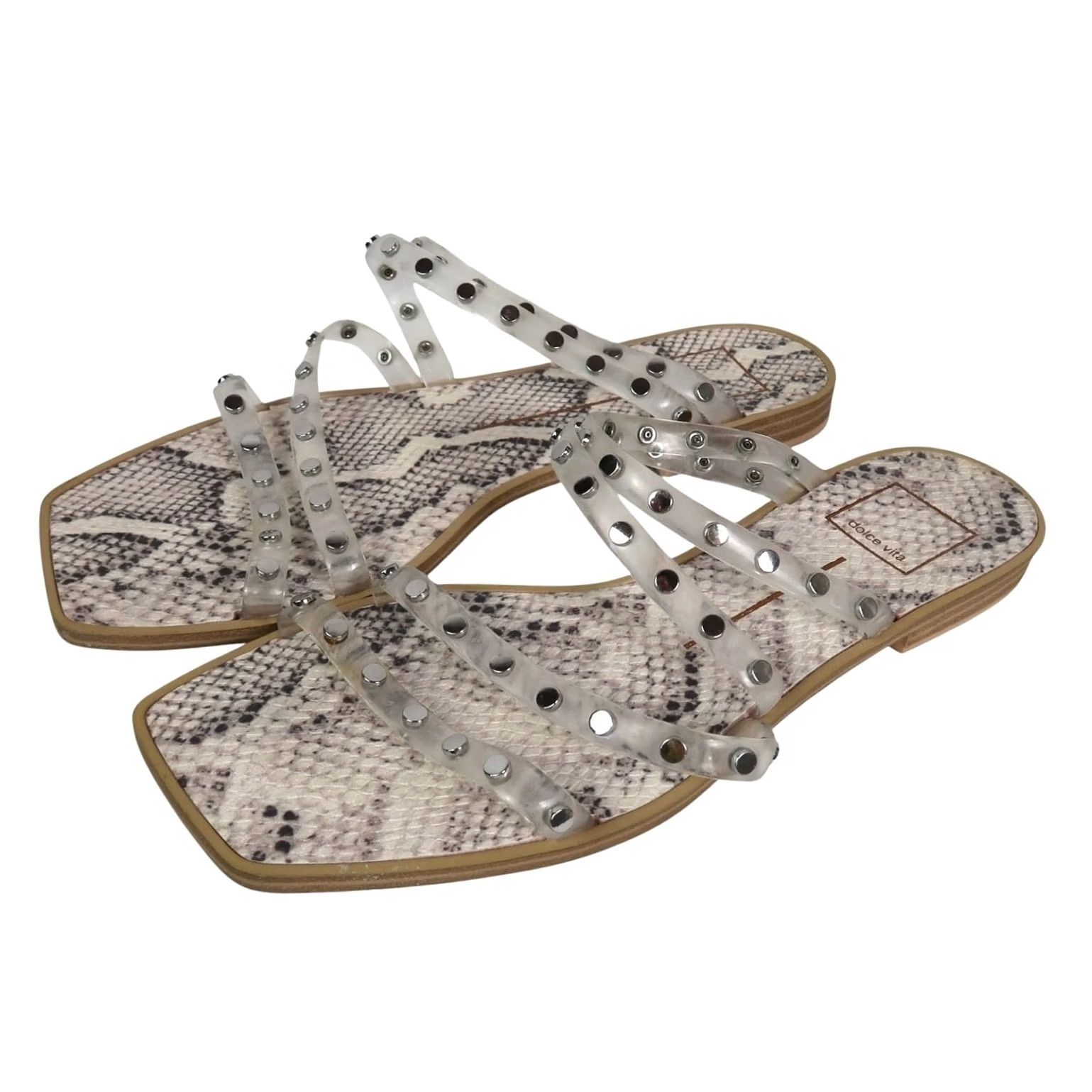 Dolce Vita Dolce Vita Izabel Studded Sandals Clear Vinyl Straps Snake Print Sandal Womens 9 Cream Slip-On Casual Flat Spring Summer Size US 9 / IT 39 - 2 Thumbnail