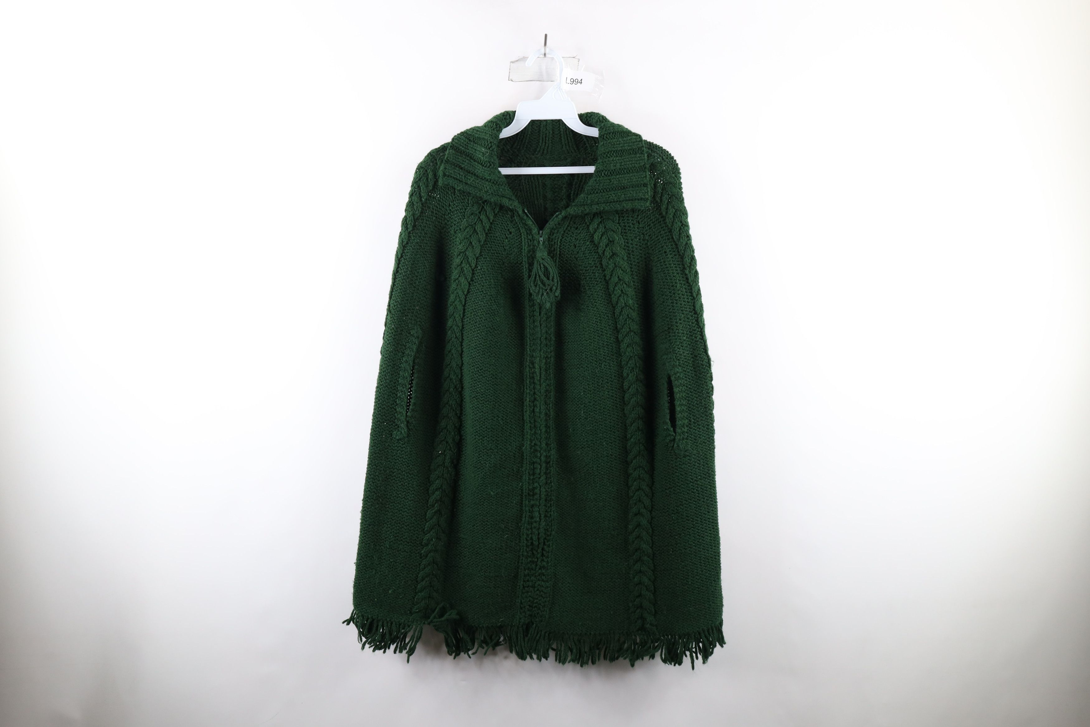 Image of Vintage 50S 60S Boho Chic Knit Fringed Cape Sweater Usa in Green, Women's