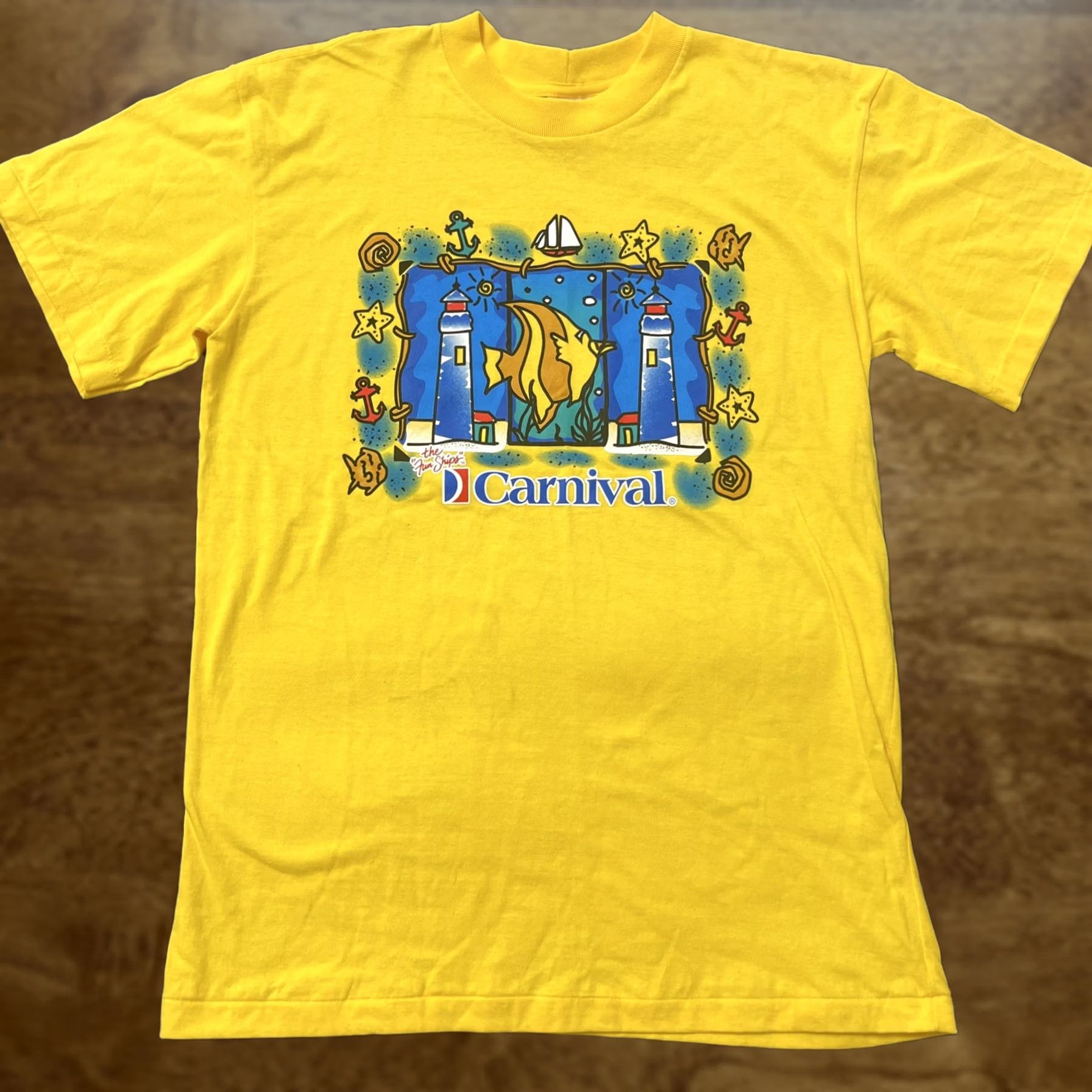 Vintage Carnival Shirt Mens XL Yellow Crew Neck Short Sleeve Graphic Tee Nautical Ocean Cruise Lighthouse Size US XL / EU 56 / 4 - 1 Thumbnail
