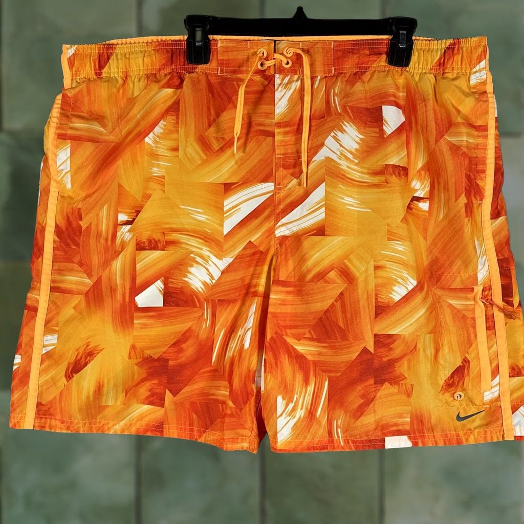 Nike Nike Mens 2XL Orange Abstract Swim Trunks Boardshorts Drawstring Swoosh Size US 39 - 1 Thumbnail