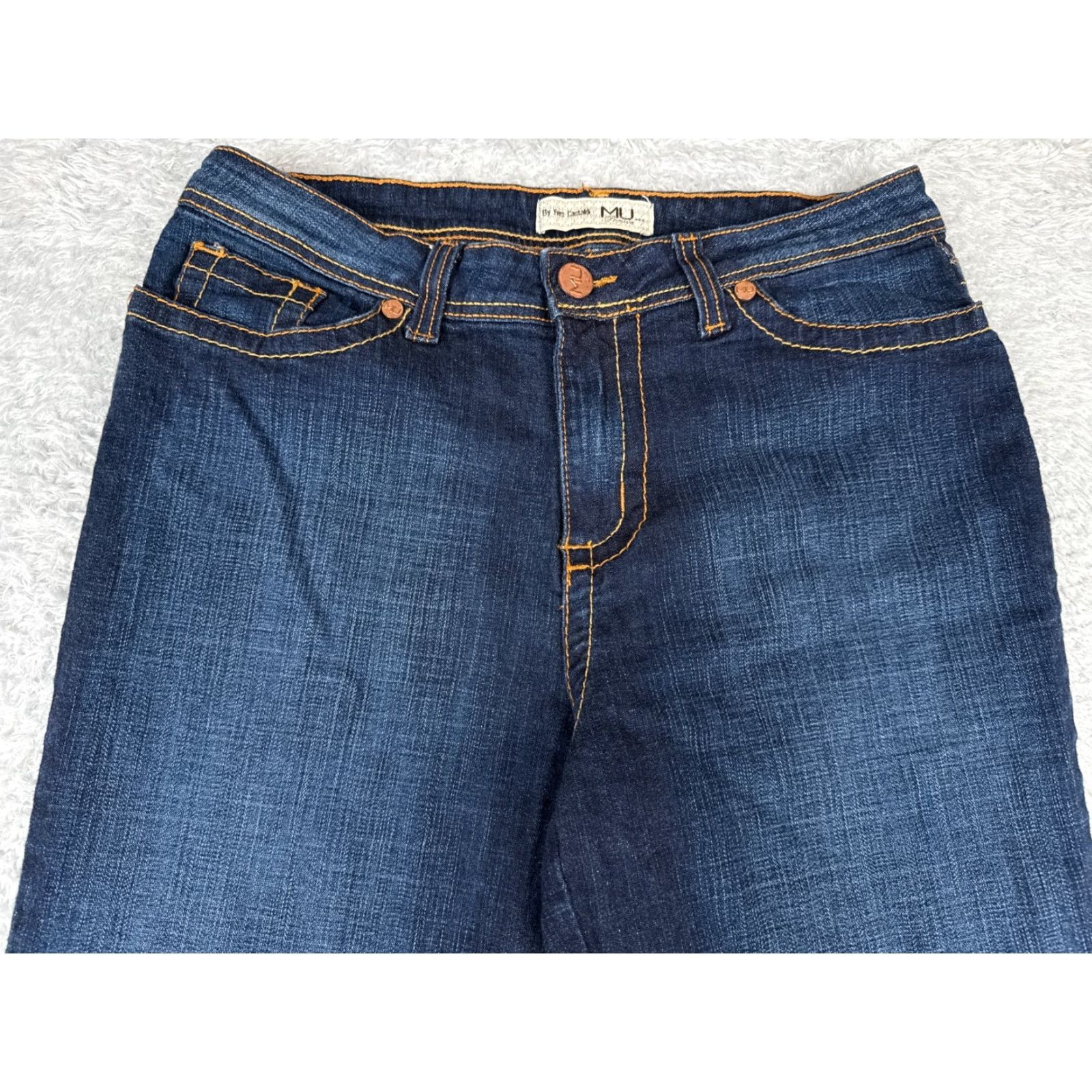 Vintage MU Jeans Womens Jeans Flared 16 Blue Denim High Rise Dark Cotton 31x32 5-Pocket Design Distressed Stretch Regular USA 31x32 Mens? Size 38" / US 16 / IT 52 - 4 Thumbnail
