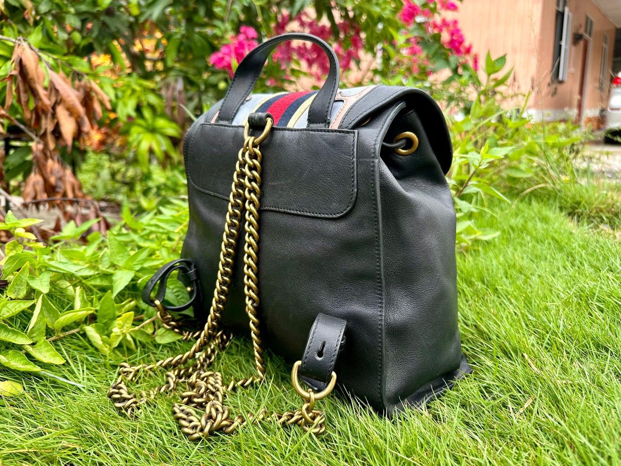 Gucci Authentic Gucci Leather GG Marmont Web Flap Chain Backpack Size ONE SIZE - 6 Thumbnail