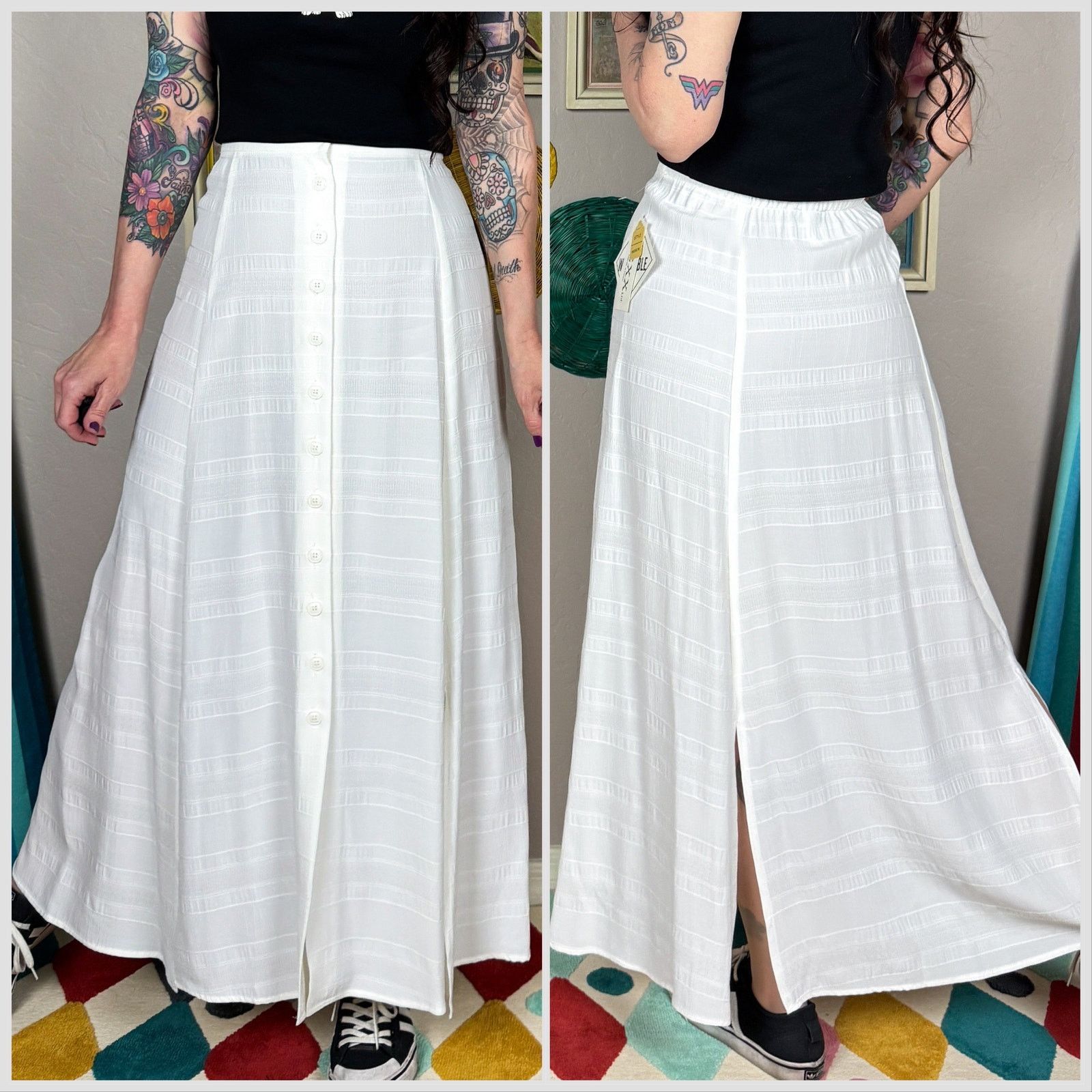 Vintage 80s Off White High Waist Button Front Maxi Skirt with Slits Size 29" - 3 Thumbnail