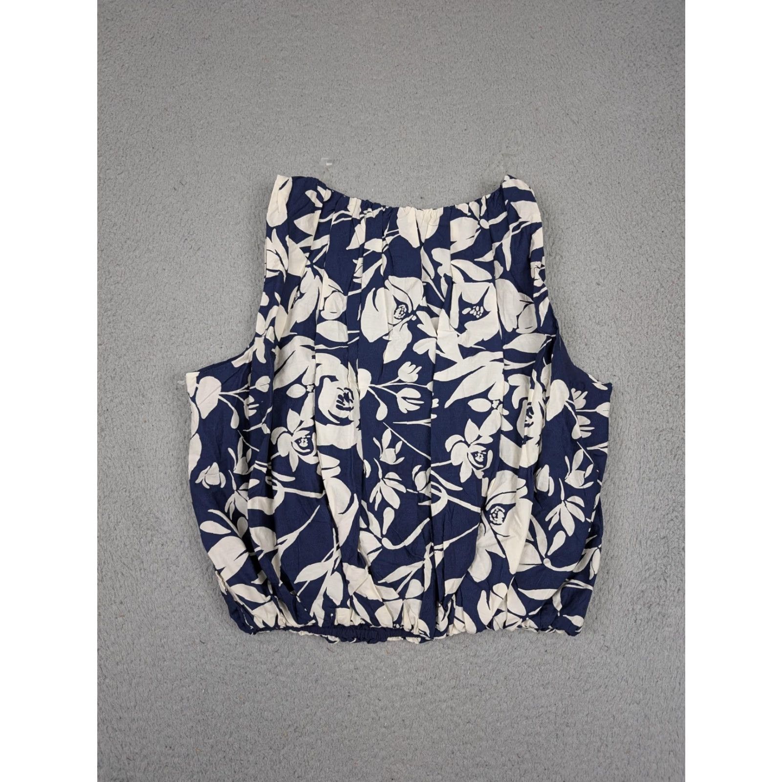Vintage A New Day Womens Tank Cropped Sleeveless Blouse XS Navy Blue White Floral Cotton Bubble Hem Square Neck Lined Size XS / US 0-2 / IT 36-38 - 7 Thumbnail
