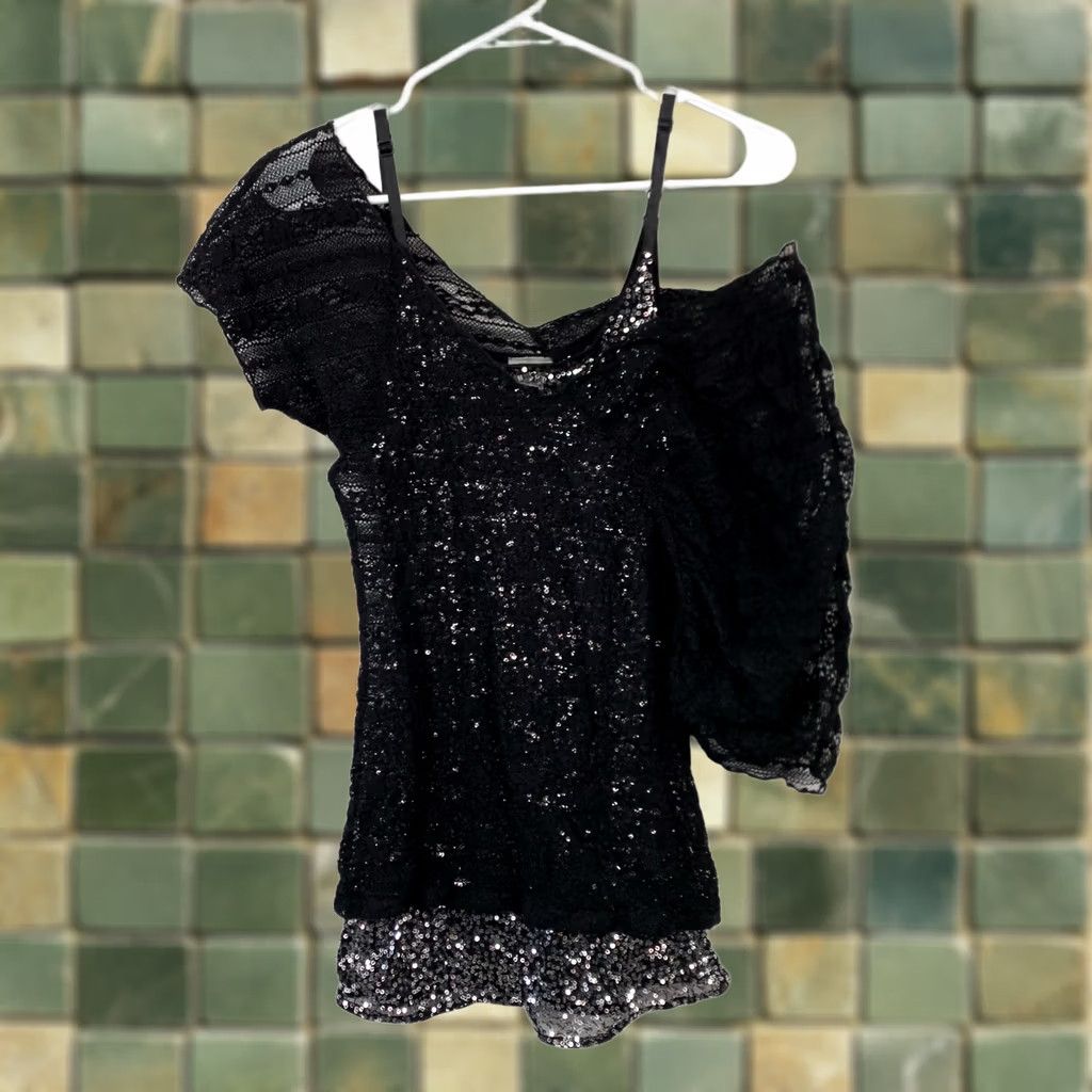 Vintage Daytrip Women's Black Sequin Lace One Shoulder Top M Sparkle Party Shirt Size M / US 6-8 / IT 42-44 - 1 Thumbnail