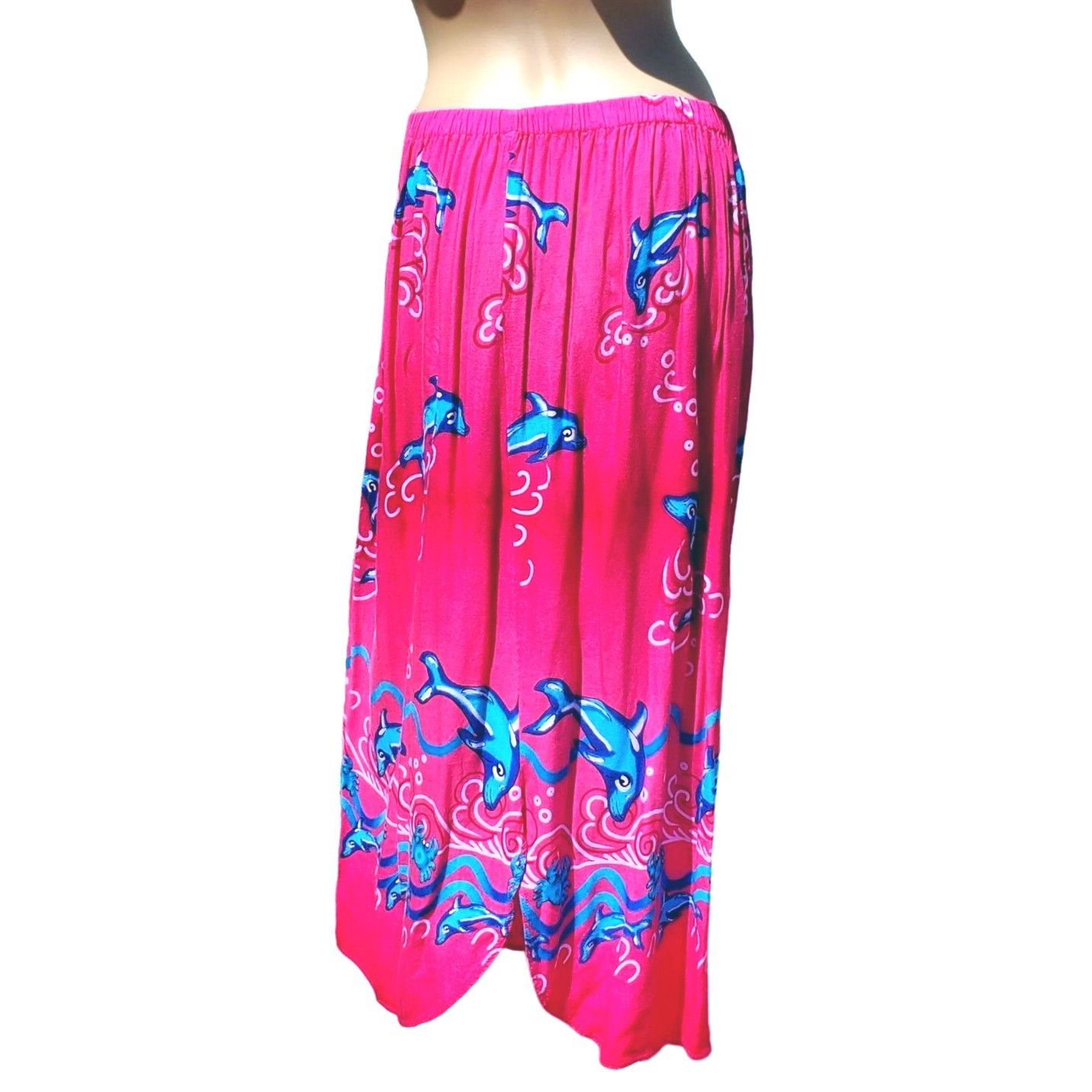 Other Midi Skirt Summer Pink Rayon Medium Blue Dolphins Curved Hem Size 32" / US 10 / IT 46 - 3 Thumbnail