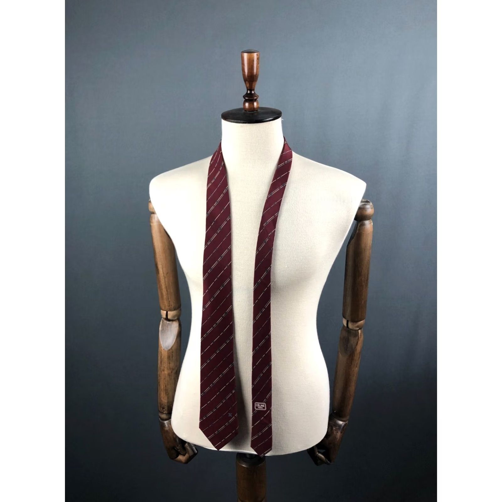 Celine CÉLINE Paris Silk Men Tie Striped Hand Made Burgundy 100% Silk Classic Neckwear Size ONE SIZE - 2 Thumbnail