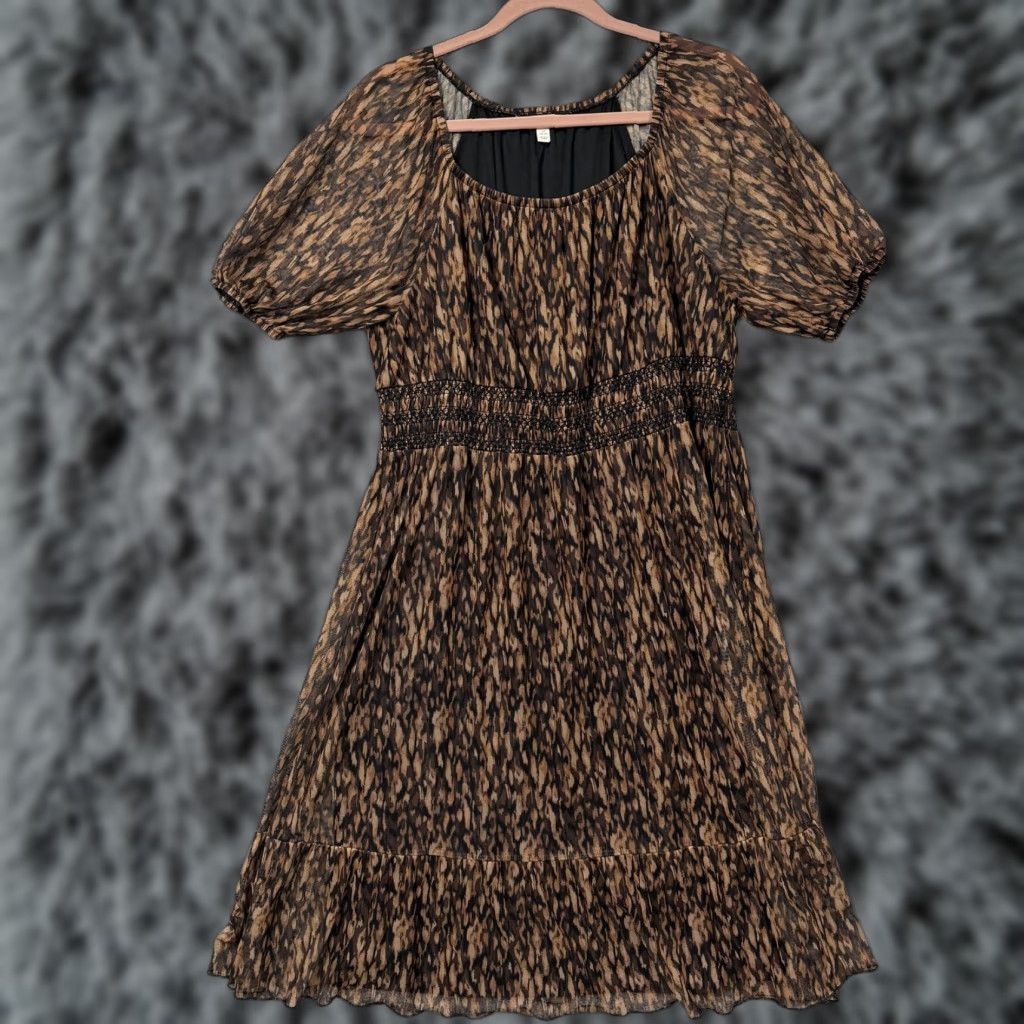 Vintage Terra & Sky Dress 1X Brown Abstract Animal Smocked Midi Whimsigoth Indie Sleaze Shirt/ Dress Size XL / US 12-14 / IT 48-50 - 1 Thumbnail