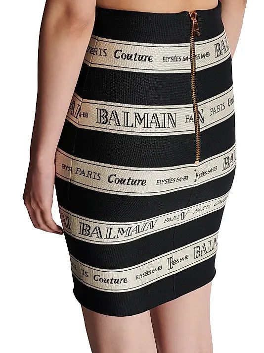 Balmain o1s1wg111225 Logo Striped Jacquard Miniskirt in Black/Beige Size 28" / US 6 / IT 42 - 6 Thumbnail