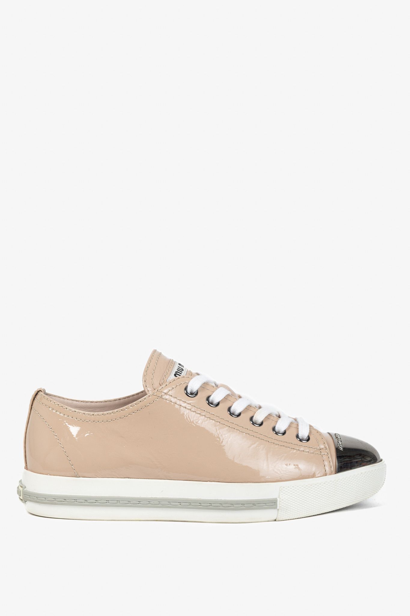 Miu Miu Miu Miu Nude Patent-Leather Cap-Toe Lace-Up Sneakers Size US 4.5 / IT 34.5 - 1 Thumbnail