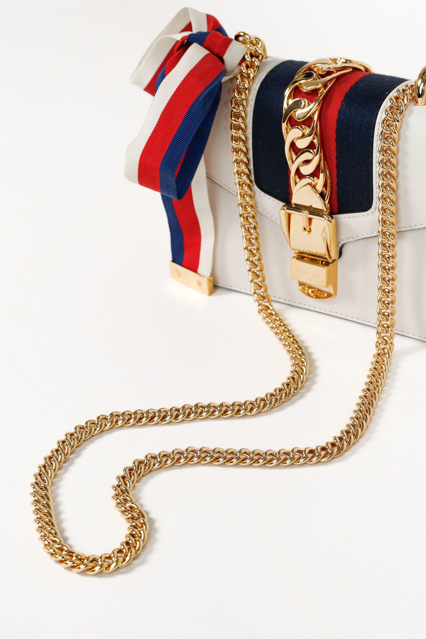 Gucci Gucci Sylvie Mini Chain White Leather Stripe-Web Bag Size ONE SIZE - 6 Thumbnail