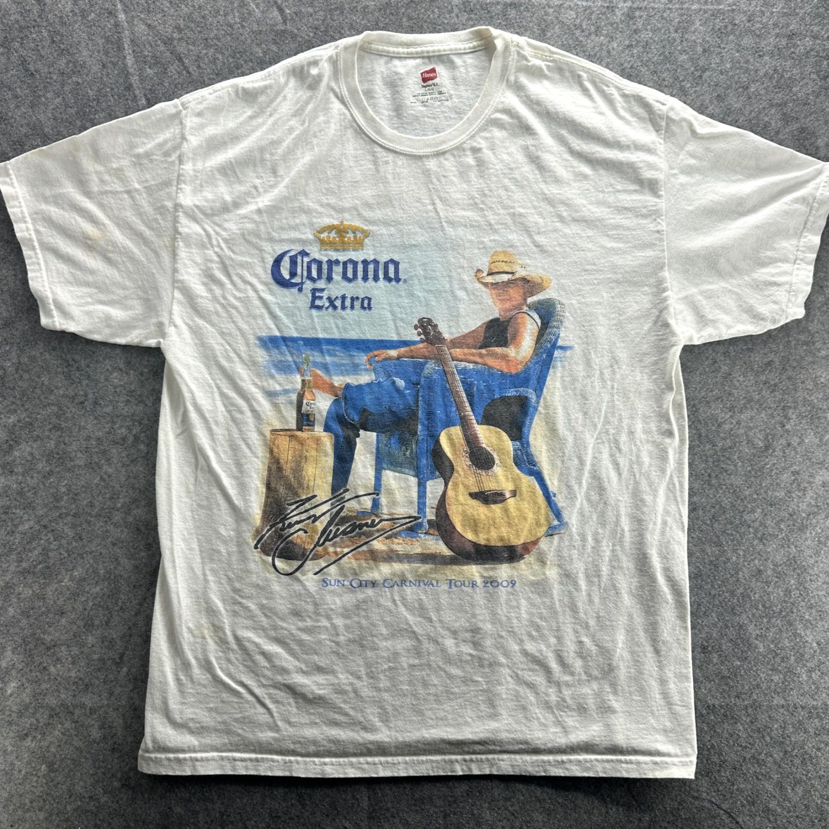 Hanes Kenny Chesney Corona Extra Concert T-Shirt Mens Large White Graphic 2009 Sun City Carnival Tour Size US L / EU 52-54 / 3 - 2 Thumbnail