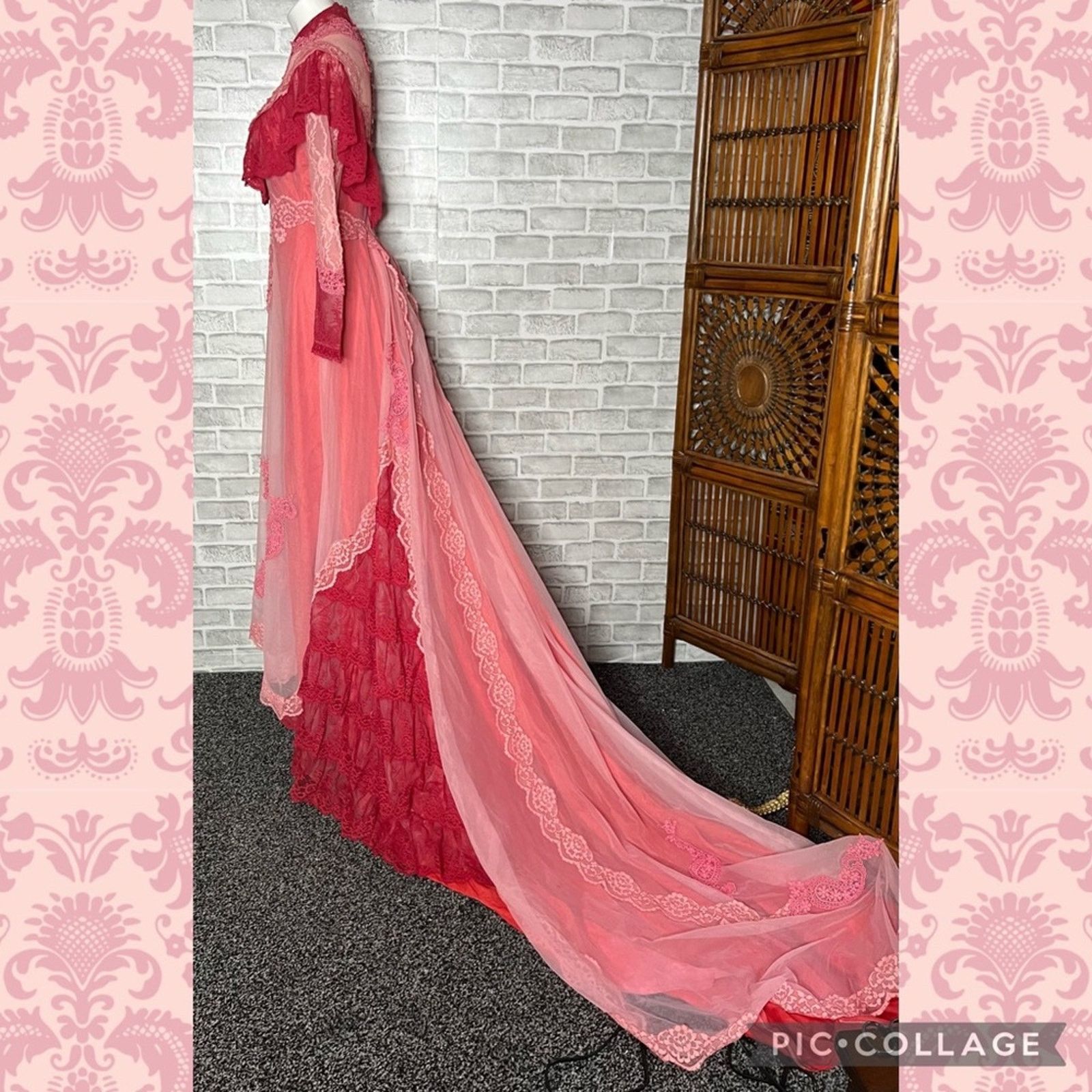Vintage 70s Victorian illusion lace ruffle pink red wedding dress Size M / US 6-8 / IT 42-44 - 10 Thumbnail