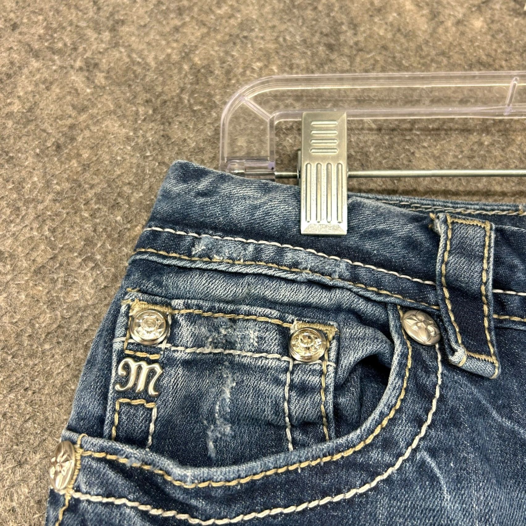 Miss Me Miss Me Jeans Womens 30x33 Blue Bootcut Dark Wash Distressed Rhinestone Sequin Embroidered Logo 5-Pocket Denim Cotton Blend Rock Western Vintage? No Size 30" / US 8 / IT 44 - 5 Thumbnail