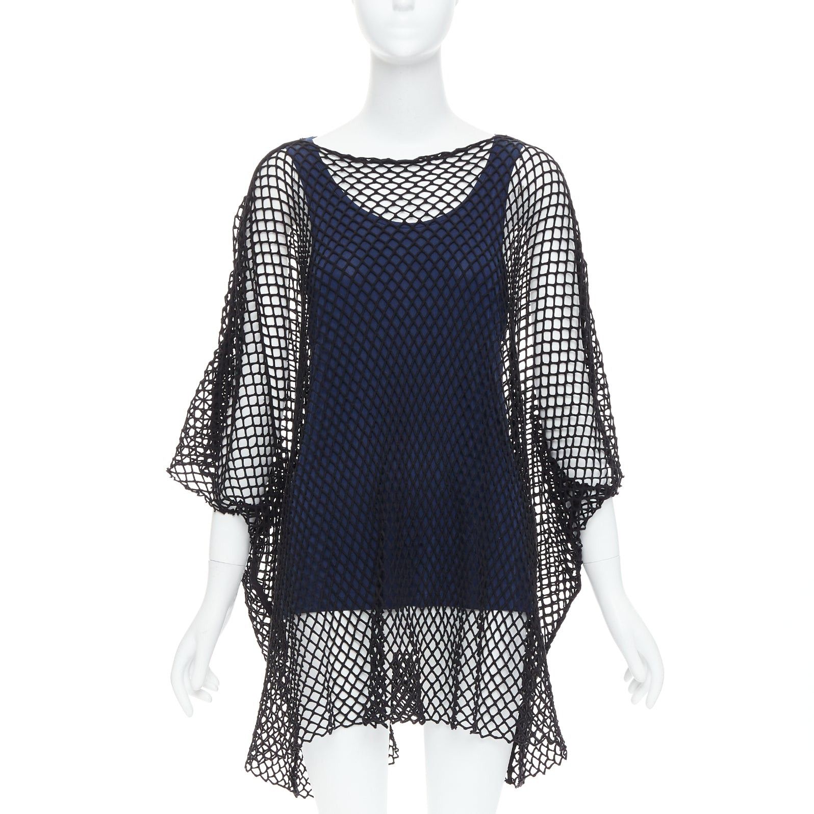 MAISON MARGIELA MM6 black mesh net blue cupro blend layered tank top S