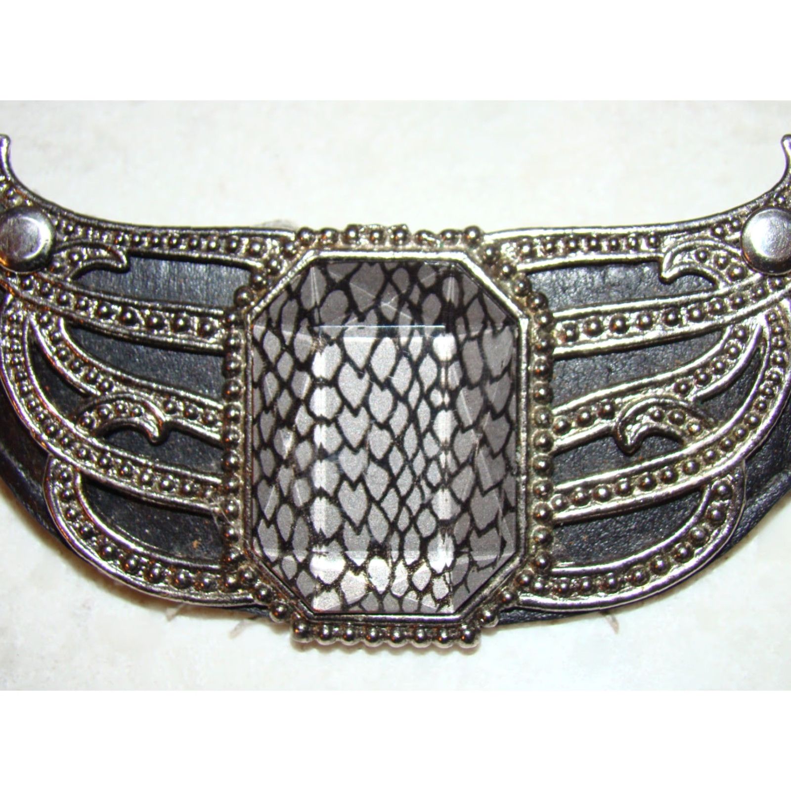 Vintage VINTAGE LEATHEROCK Belt 80s Leather Womens Medium 30-32 Black Snakeskin Gems Bling Adjustable Silvertone Buckle Womens Fashion Size ONE SIZE - 2 Thumbnail