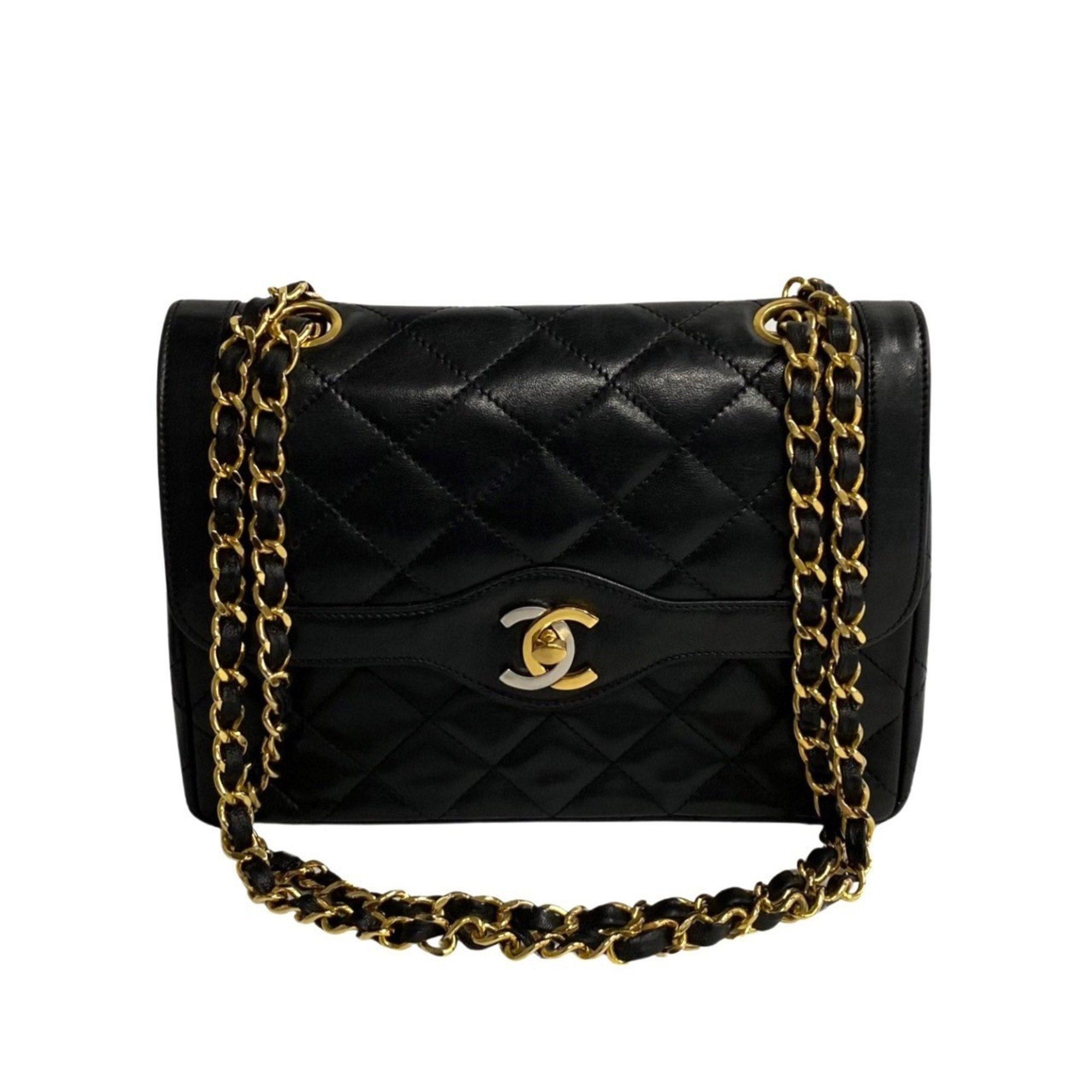 image of Chanel Paris Limited Matelasse Double Flap Lambskin Leather Turnlock Chain Shoulder Bag 31661 in Bl