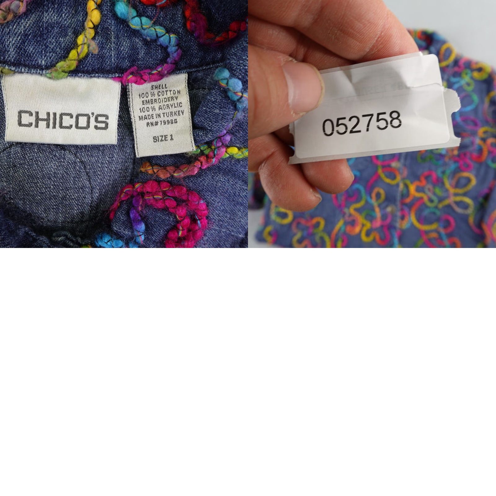 Vintage Chicos Jacke Womens Small size 1 Blue Denim Jean Embroidered Button Up Coat Size 28" / US 6 / IT 42 - 8 Thumbnail