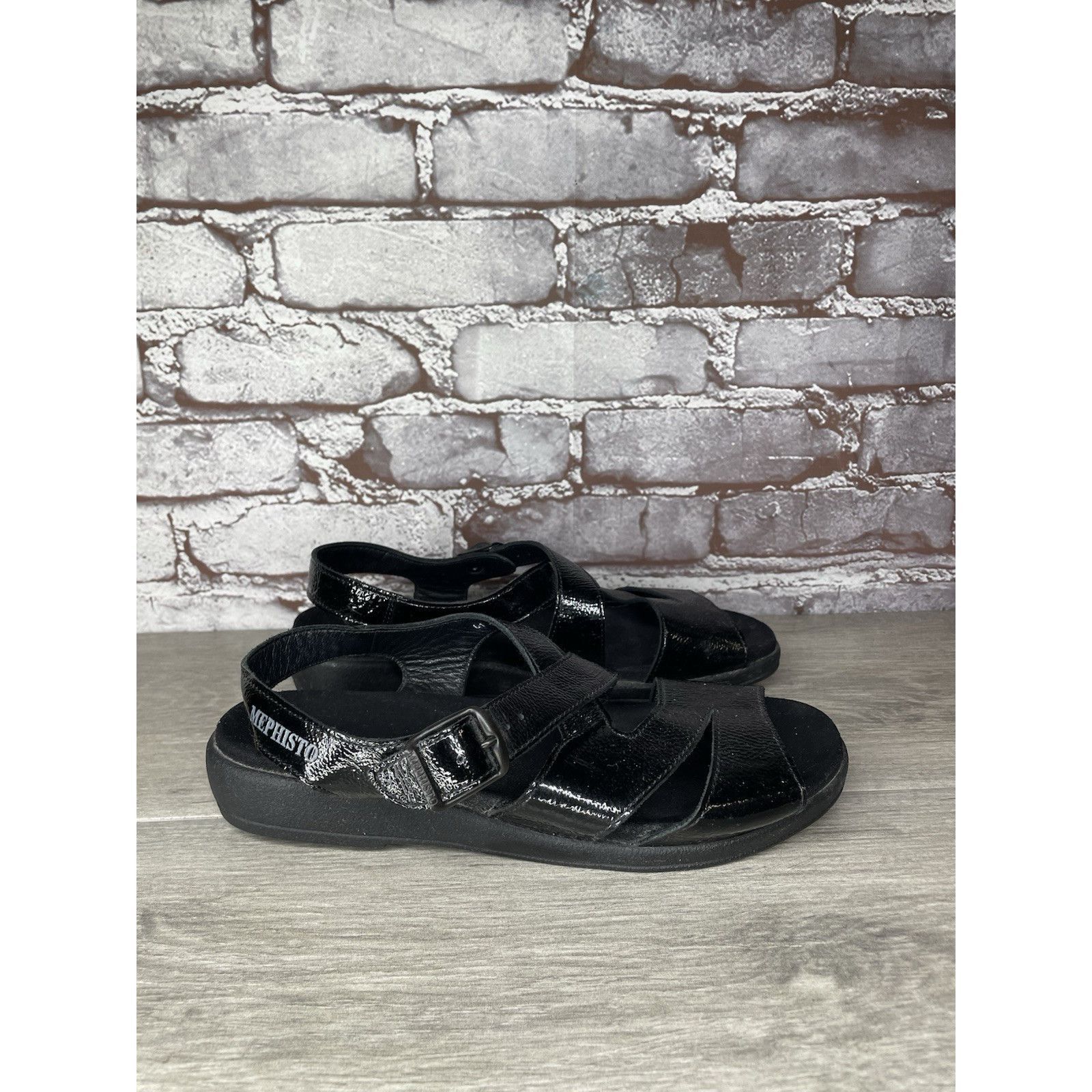 Mephisto Mephisto Black Patent Leather Strappy Low Wedge Sandals Wome Size US 10 / IT 40 - 15 Thumbnail