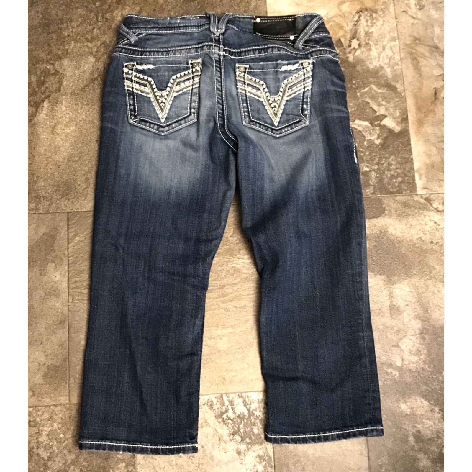 Vintage VIGOSS Jeans Capri W29 L19 jewel bling distressed Embellished thick stitch Solid Blue Size 29" - 2 Thumbnail