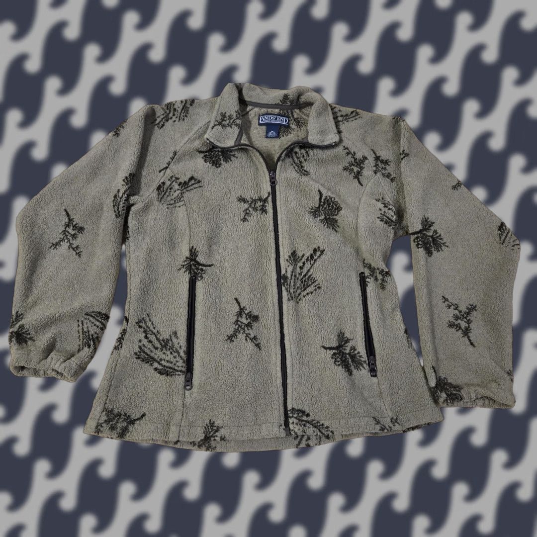 Lands' End VINTAGE Lands' End Jacket Womens M Gray Floral Fleece Full Zip Stand Collar Pockets Zipper 90s Pinecone Nature Outdoor Casual Travel Made in USA Size M / US 6-8 / IT 42-44 - 1 Thumbnail