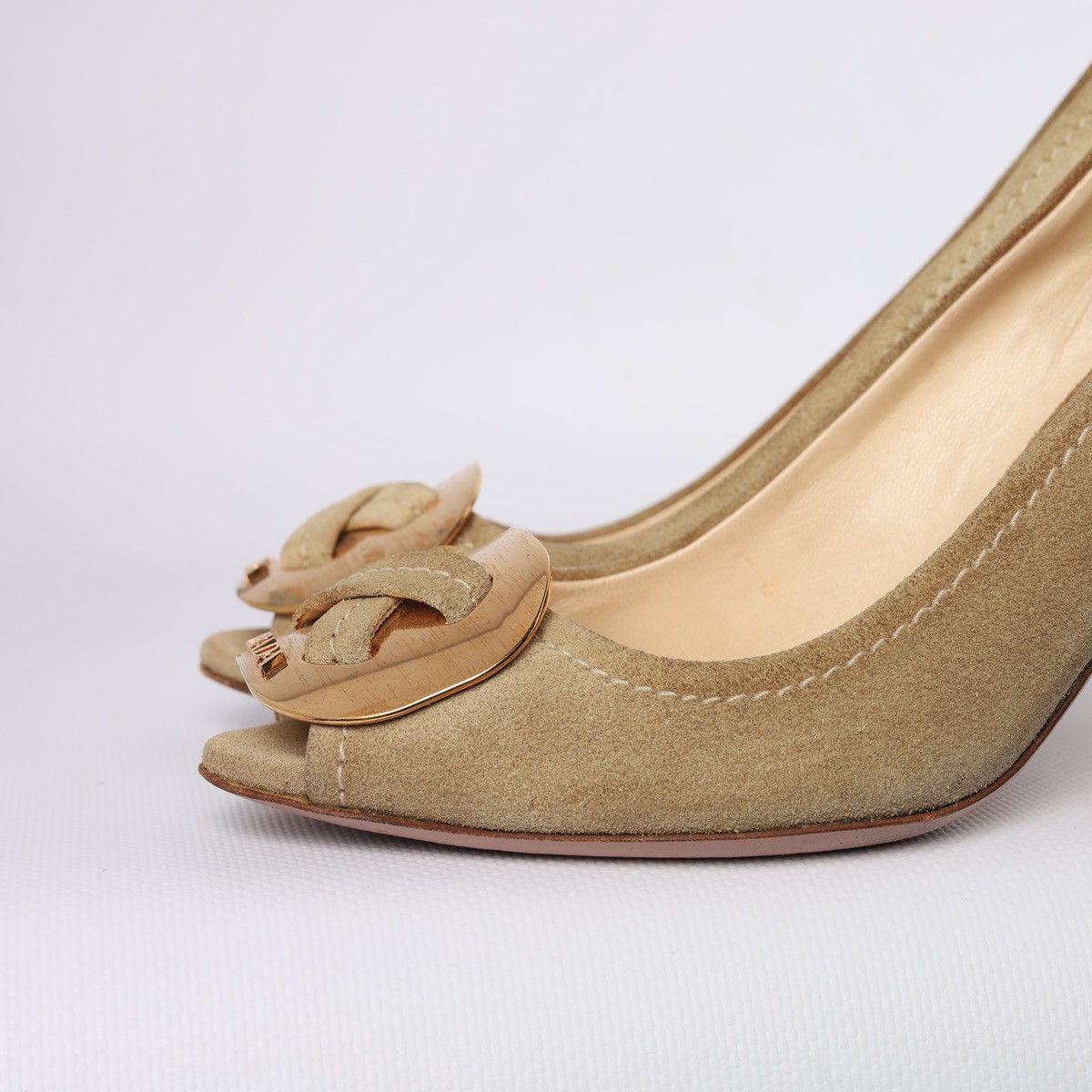 Prada Prada Beige Suede Peep-toe Pumps gold-tone Buckle Block Heel Size US 6.5 / IT 36.5 - 4 Thumbnail