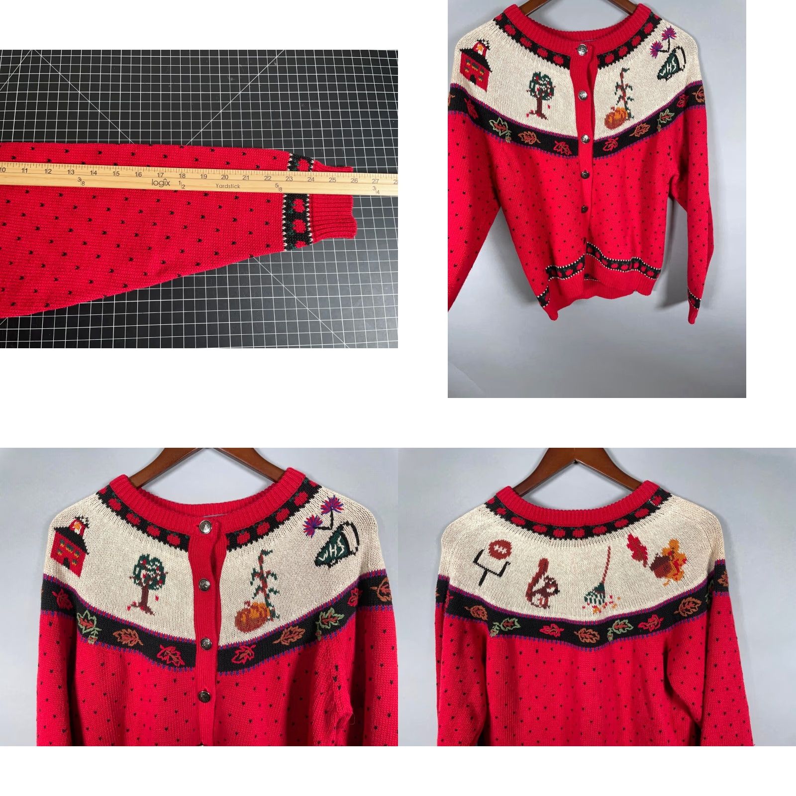 Vintage Woolrich Cardigan Women's Small Red Beige Autumn Motif Embroidered Crew Neck Knit Geometric Ramie-Cotton Lightweight Vintage: No Size S / US 4 / IT 40 - 8 Thumbnail