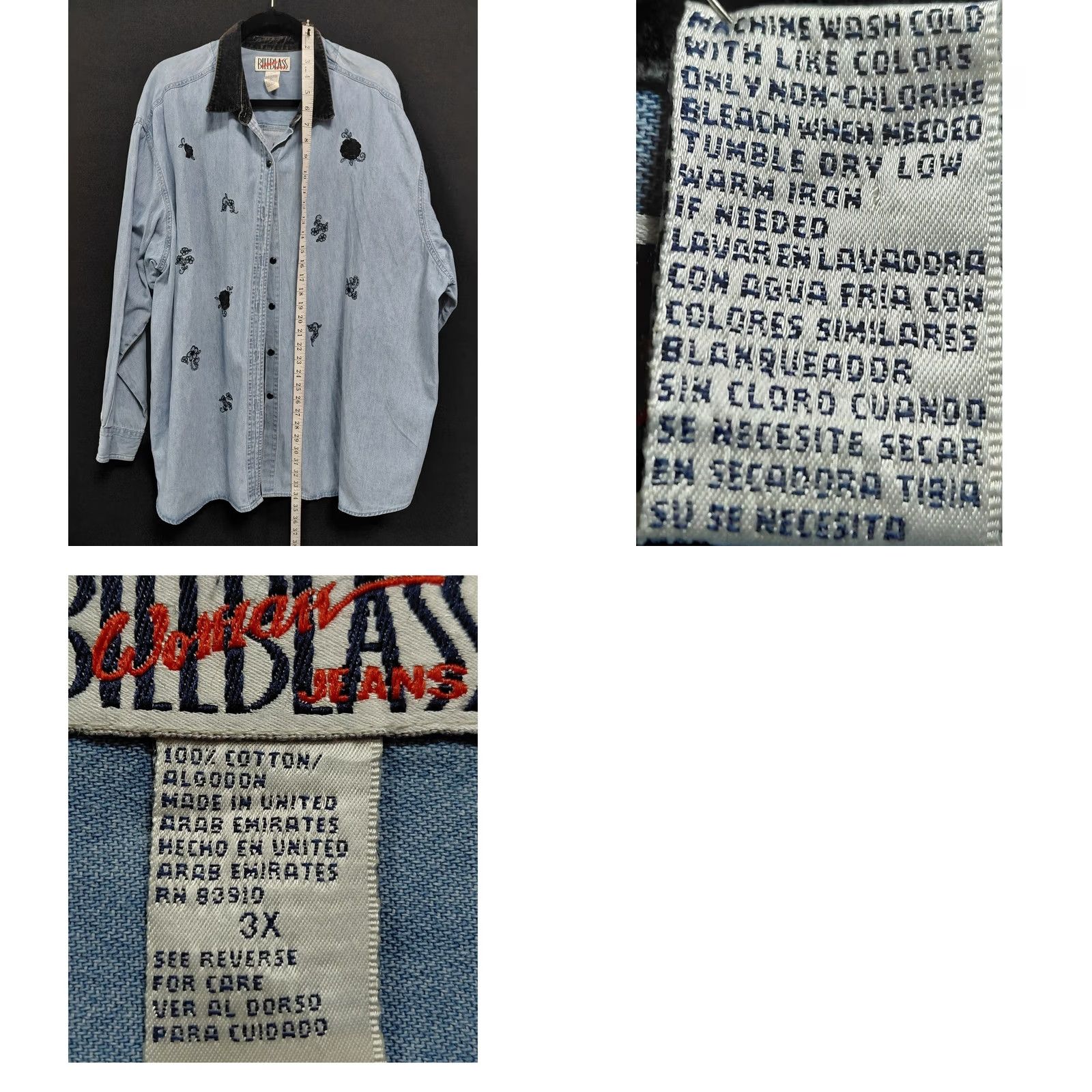 Bill Blass Bill Blass Embroidered Denim Shirt Blue Solid Long Sleeve Women Size 3X Size XXL / US 16-18 / IT 52-54 - 9 Thumbnail
