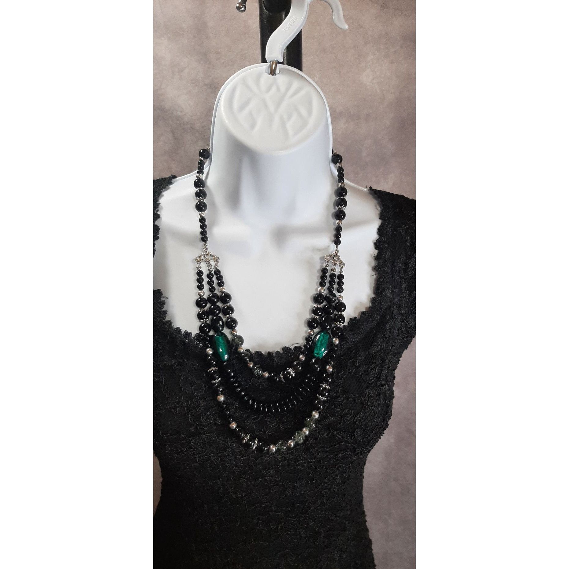 Other Multi-Strand Black Beaded Necklace With Green Accents & Silv Size ONE SIZE - 4 Thumbnail
