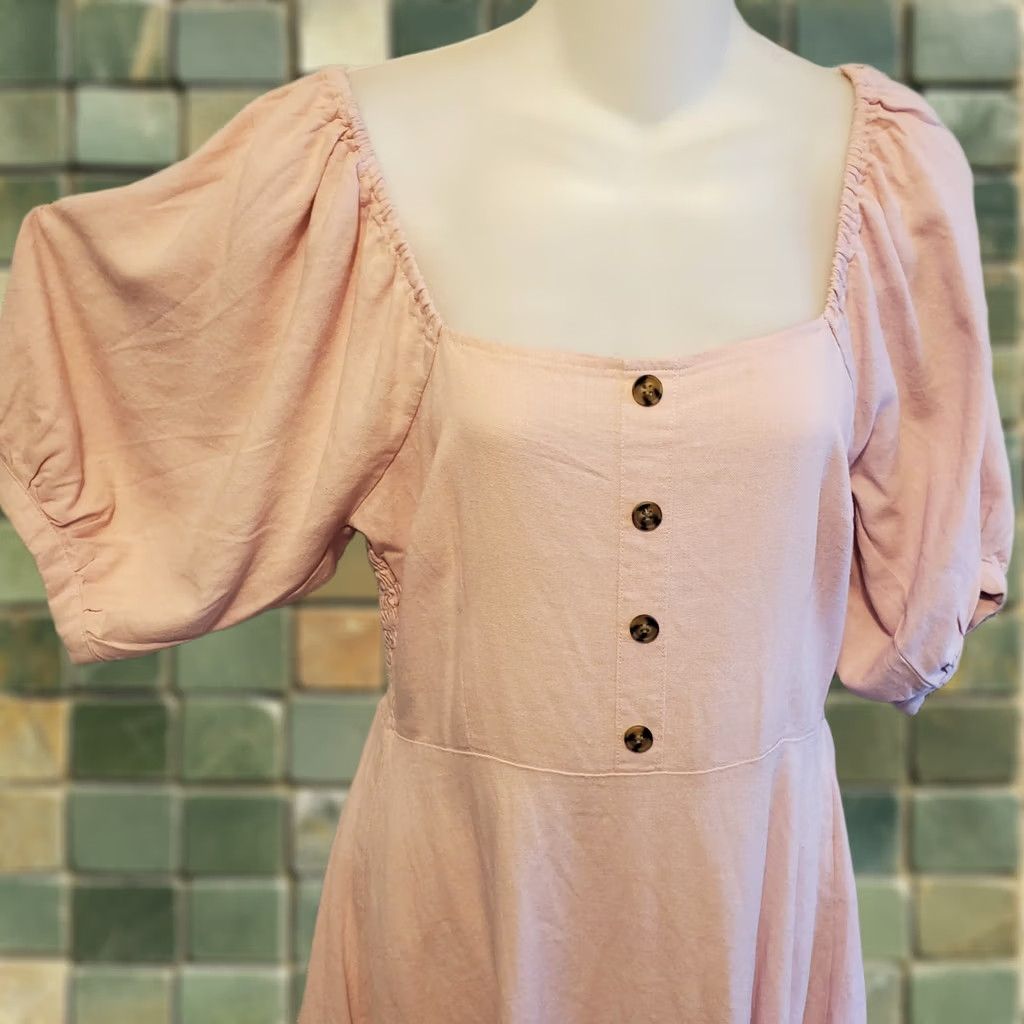 Vintage Vera Moda Pink Linen Mini Dress Balloon Sleeve Square Neck Pullover S Short Women Size S / US 4 / IT 40 - 1 Thumbnail