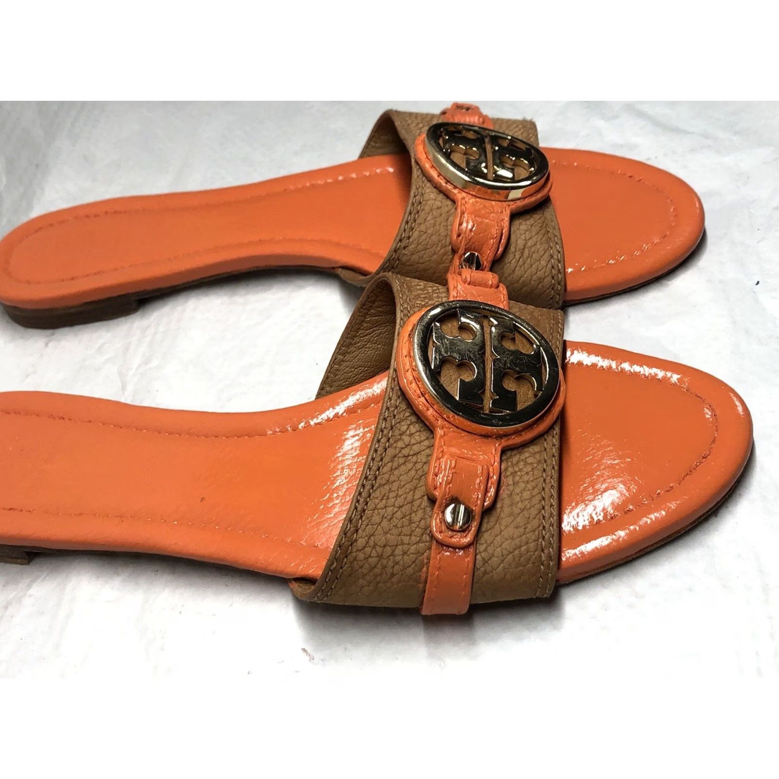 Tory Burch Tory Burch Sandal Slides Women Size 9.5 Custom Tan/Orange Logo Medallion Leather Miller Leticia Flat Slip On Size US 10 / IT 40 - 4 Thumbnail