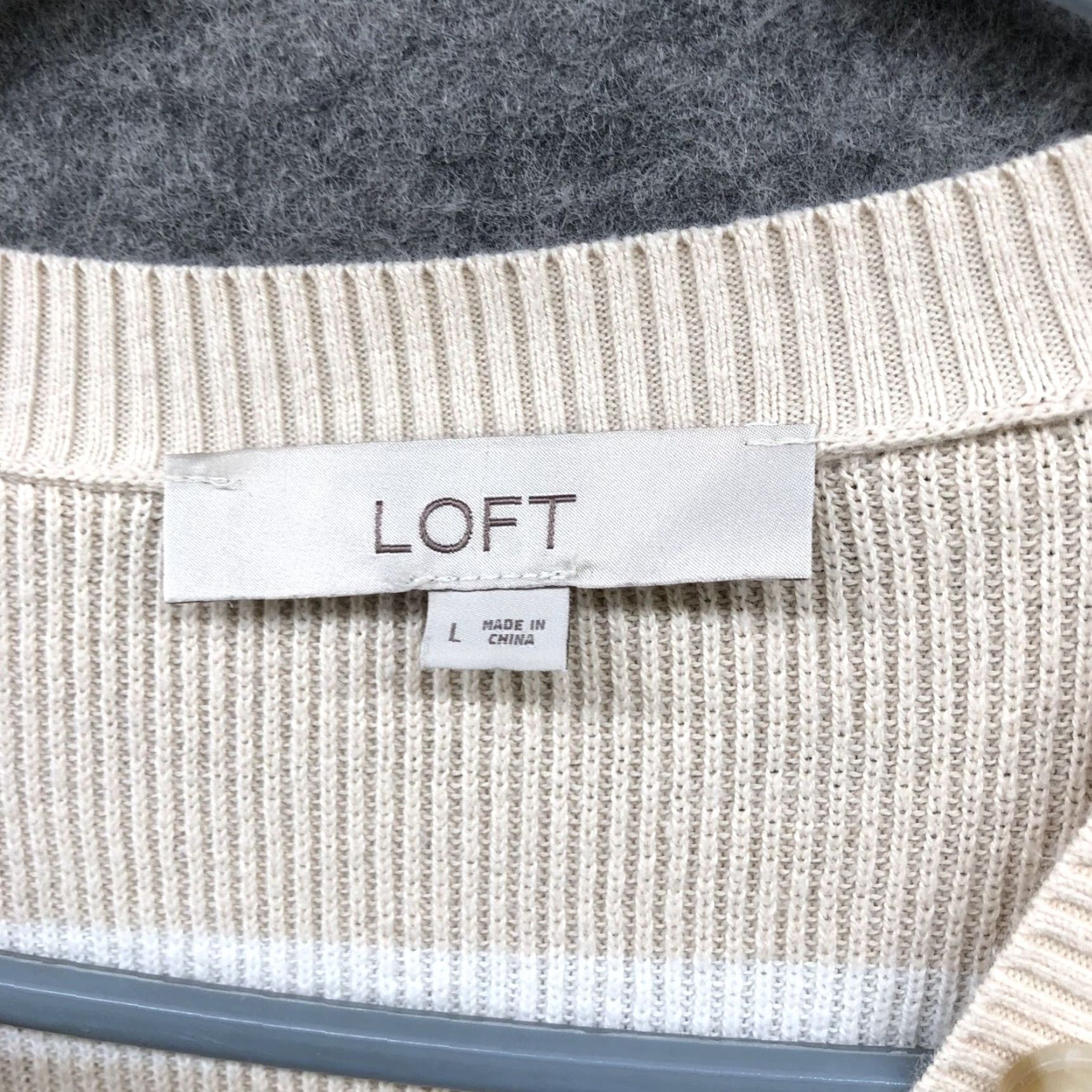 Loft Loft Sweater Womens L 1/4 Button Beige White Striped Cotton Pullover V-Neck Shirt Size L / US 10 / IT 46 - 5 Thumbnail