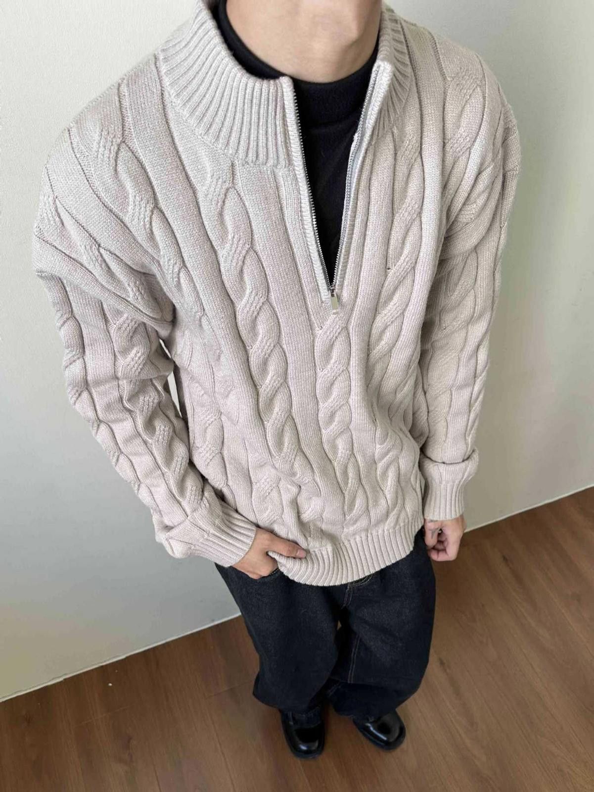 Other Beige Cable Knit Half Zip Sweater, Men's Cozy Knitwear Size US M / EU 48-50 / 2 - 1 Thumbnail