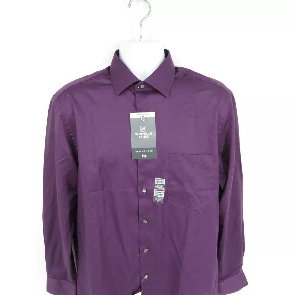 Van Heusen Van Heusen Mens Wrinkle Free Purple Long Sleeve Dress Shirt Size US M / EU 48-50 / 2 - 3 Thumbnail