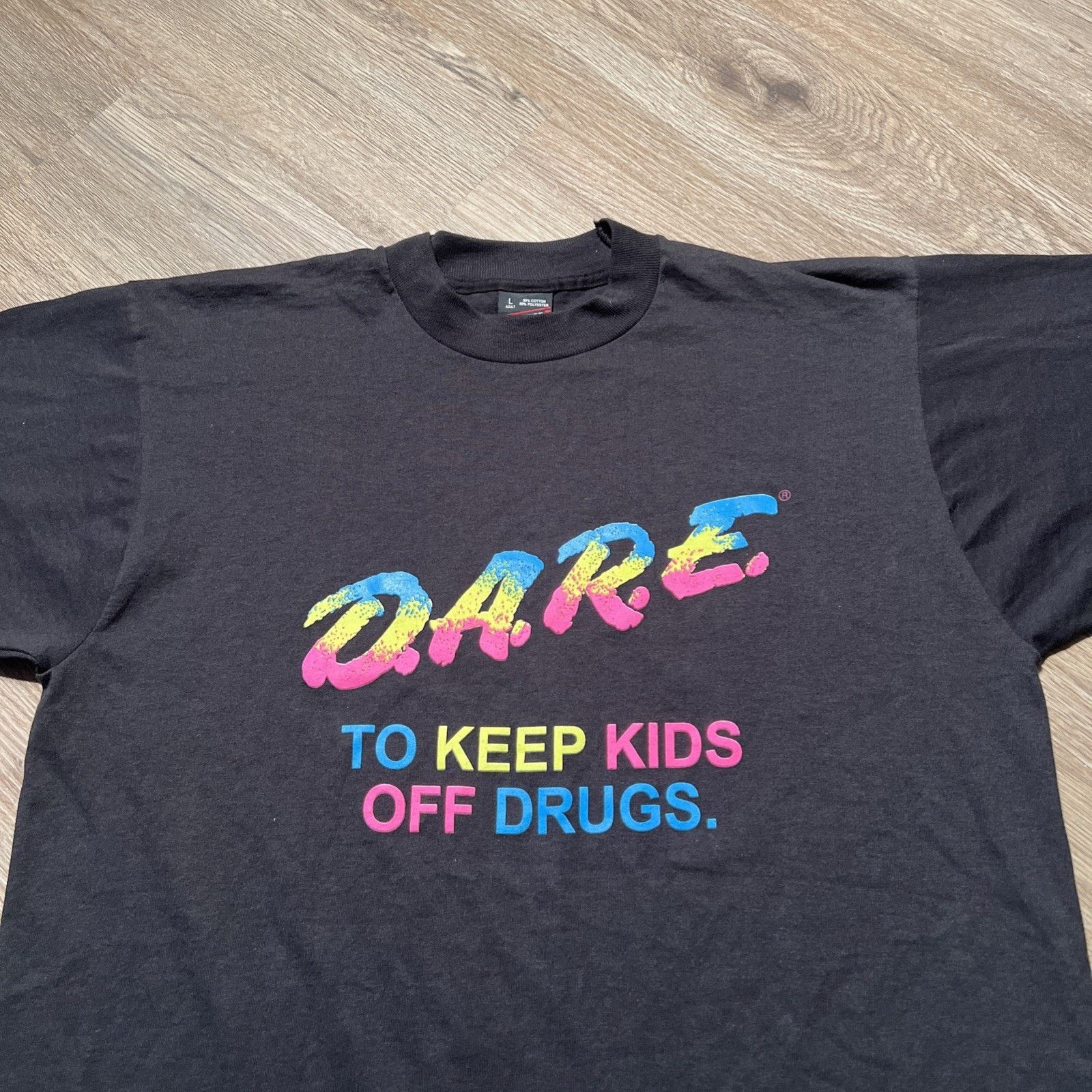 &SONS VTG 80s D.A.R.E. T-Shirt L Neon Rainbow Dare USA Single Size US L / EU 52-54 / 3 - 2 Thumbnail