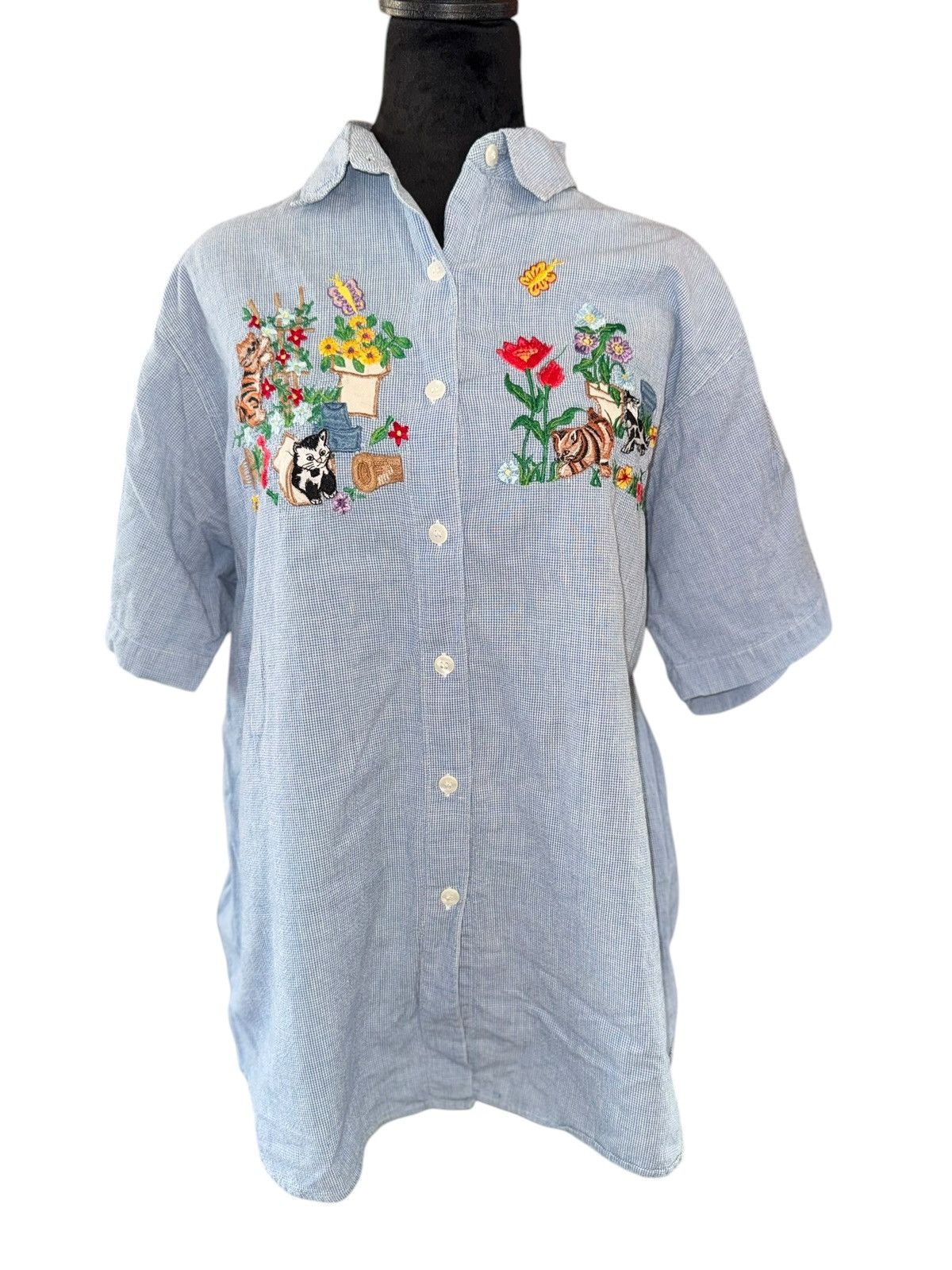 Vintage VTG 90s Victoria Jones embroidered kitty and spring flowers Size XL / US 12-14 / IT 48-50 - 2 Thumbnail