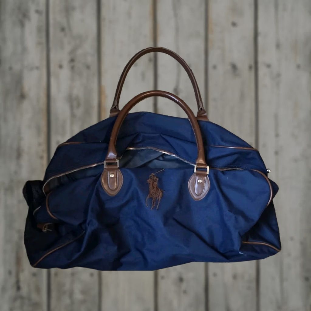 VINTAGE Ralph Lauren Polo Duffle Bag Blue Embroidered Logo Weekend Gym Travel Large Unisex Adults Men Womens Classic Canvas Leather Zip 24x12x12