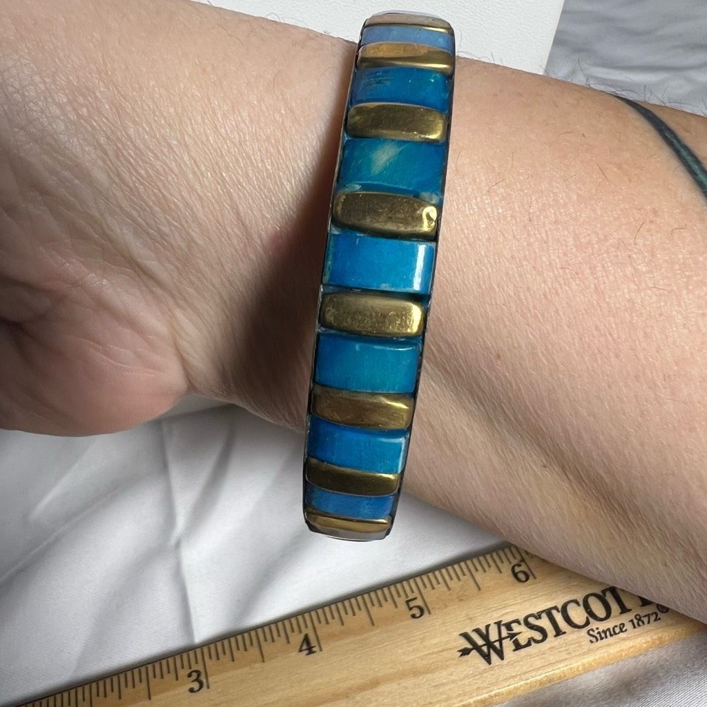 Vintage Vintage Brass and Blue Enameled Bangle Bracelet Size ONE SIZE - 3 Thumbnail