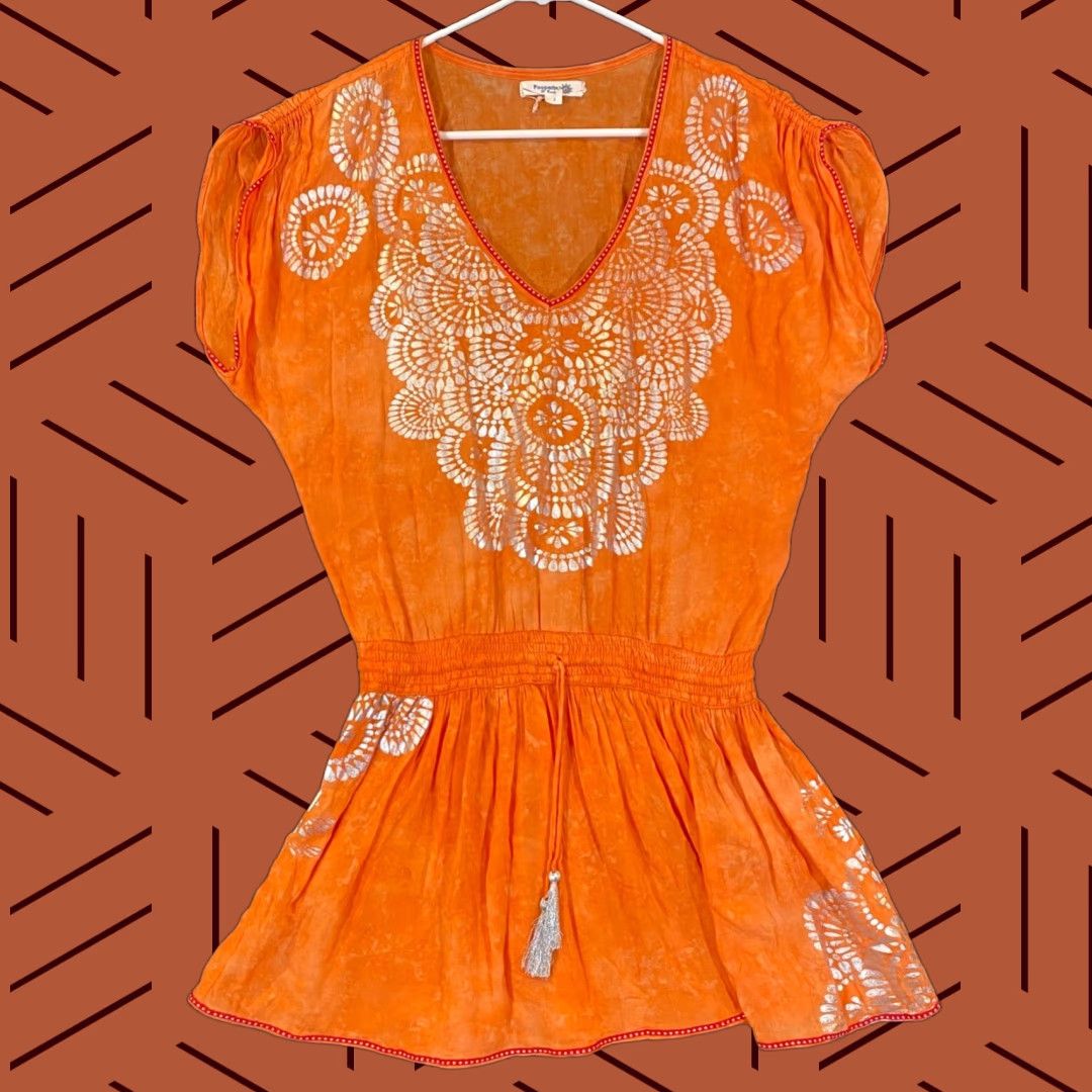 Poupette St. Barth Womens V Neck Abstract Metallic Midi Dress Orange Size 1