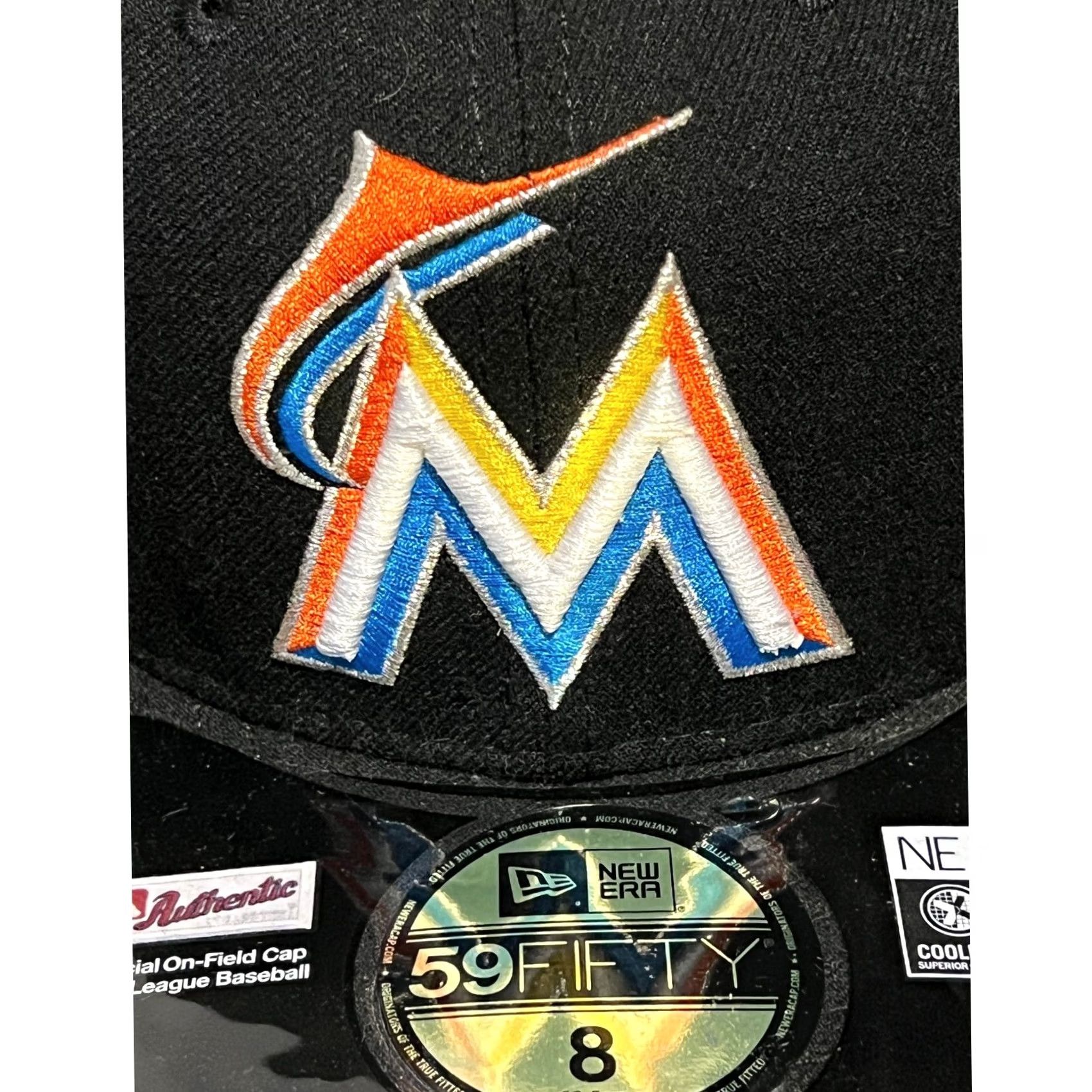 New Era New Era 59FIFTY Miami Marlins Hat Mens Size 8 Black MLB Fitted On-Field Cap Size ONE SIZE - 3 Thumbnail