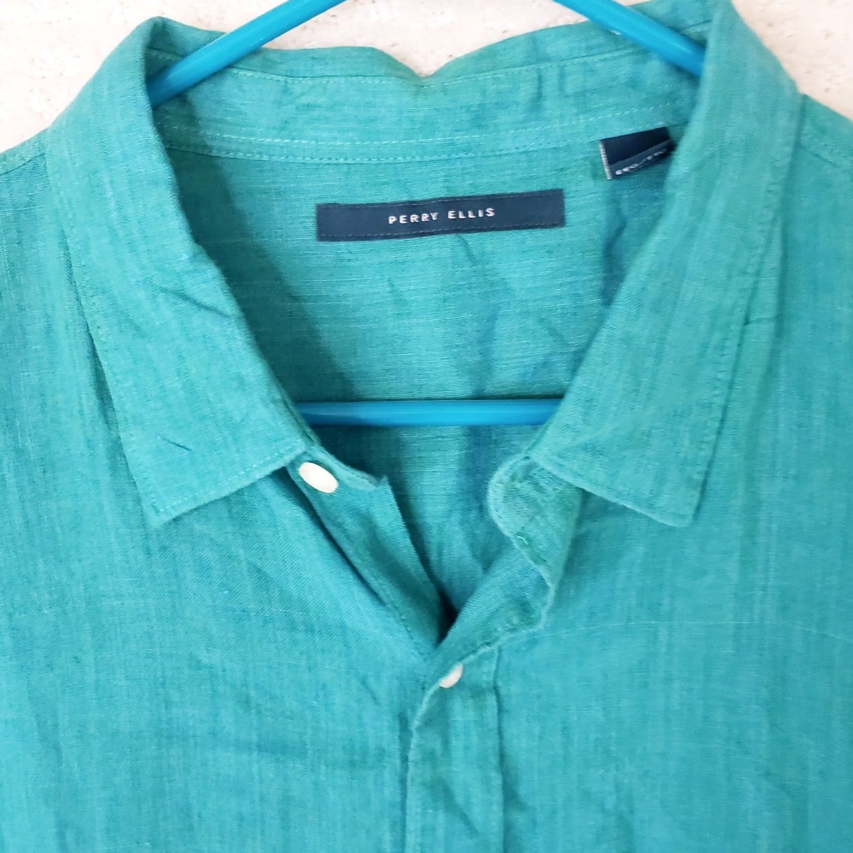 Perry Ellis Perry Ellis Linen Shirt Teal Men's XXL Short Sleeve Button Front Casual Size US XXL / EU 58 / 5 - 4 Thumbnail