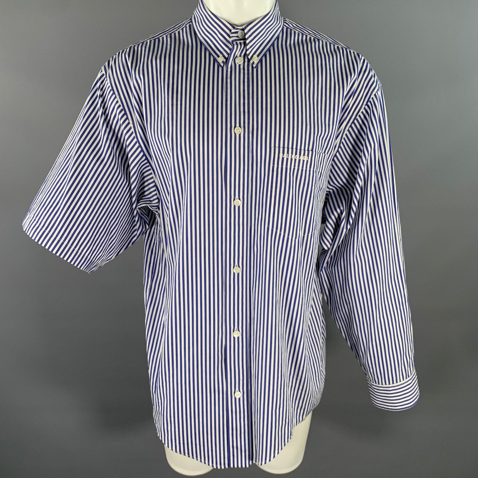 Balenciaga XXS Blue White Stripe Button Down Asymmetrical Shirt Size US XXS / EU 40 - 1 Thumbnail