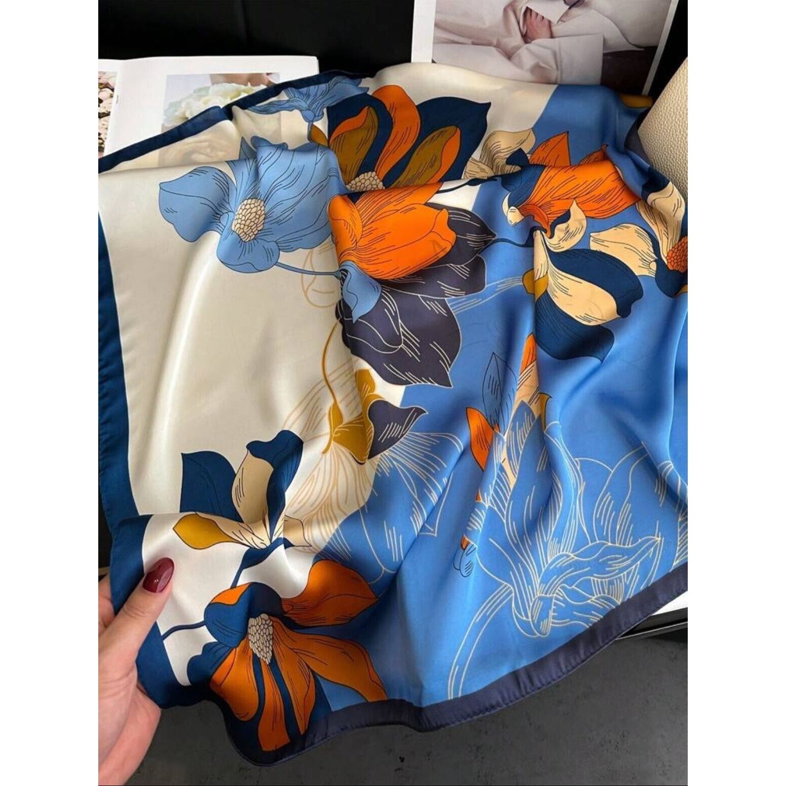 Other New Elegant Bandana Floral Square Scarf Vintage BLUE and ORA Size ONE SIZE - 4 Thumbnail