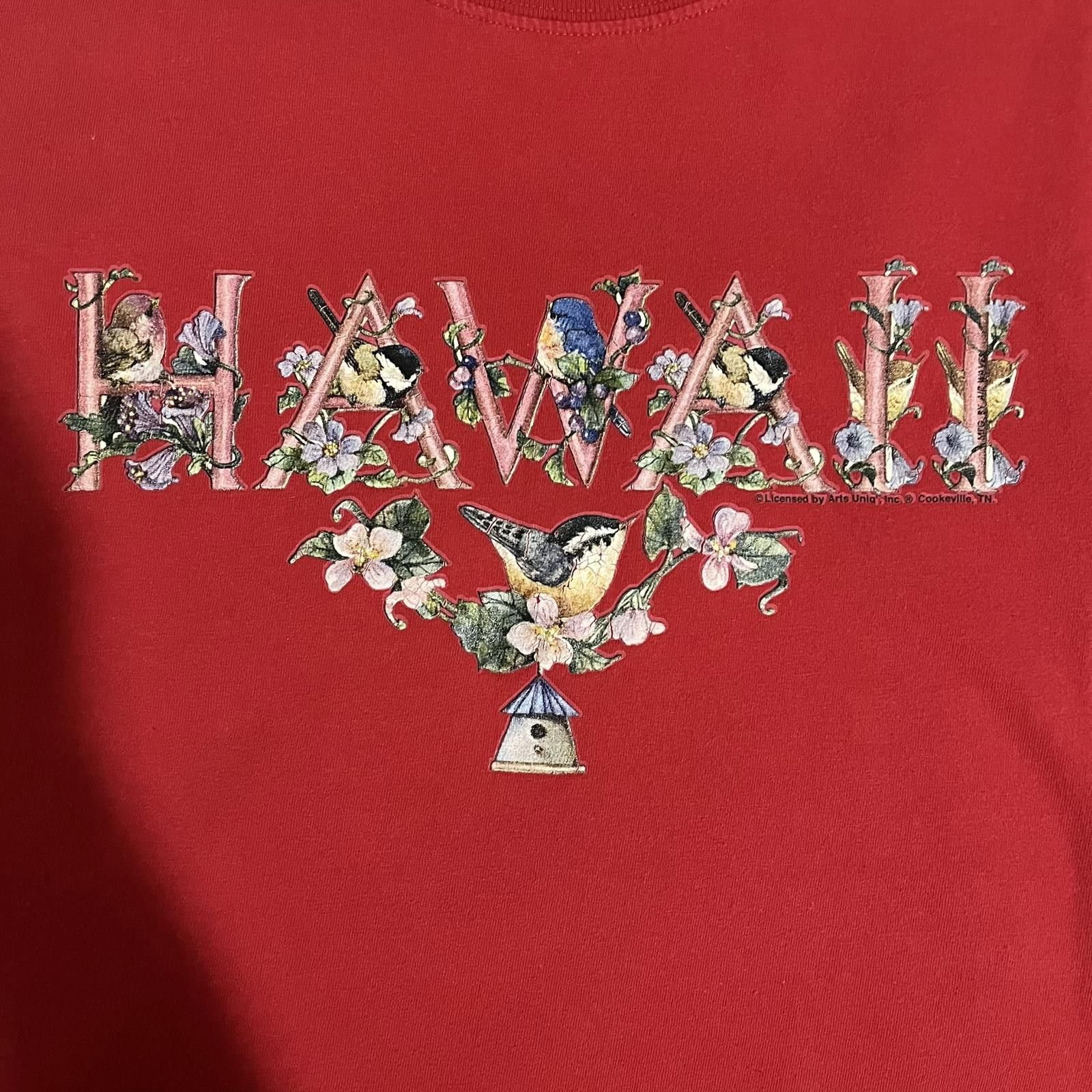Designer Vintage 2000s Hawaii Floral Birds Red Graphic Tee Size L / US 10 / IT 46 - 3 Thumbnail