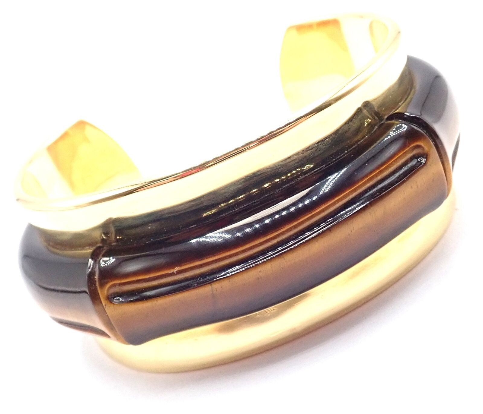 18k Yellow Gold Tiger Eye Bangle Cuff Wide Bracelet 2002