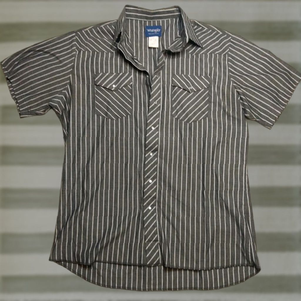 Wrangler Wrangler Shirt Button-Down 90s Vintage Gray Stripe Pearl Snap Western Rodeo XLT Mens Regular easy care pockets cotton woven Size US XL / EU 56 / 4 - 1 Thumbnail