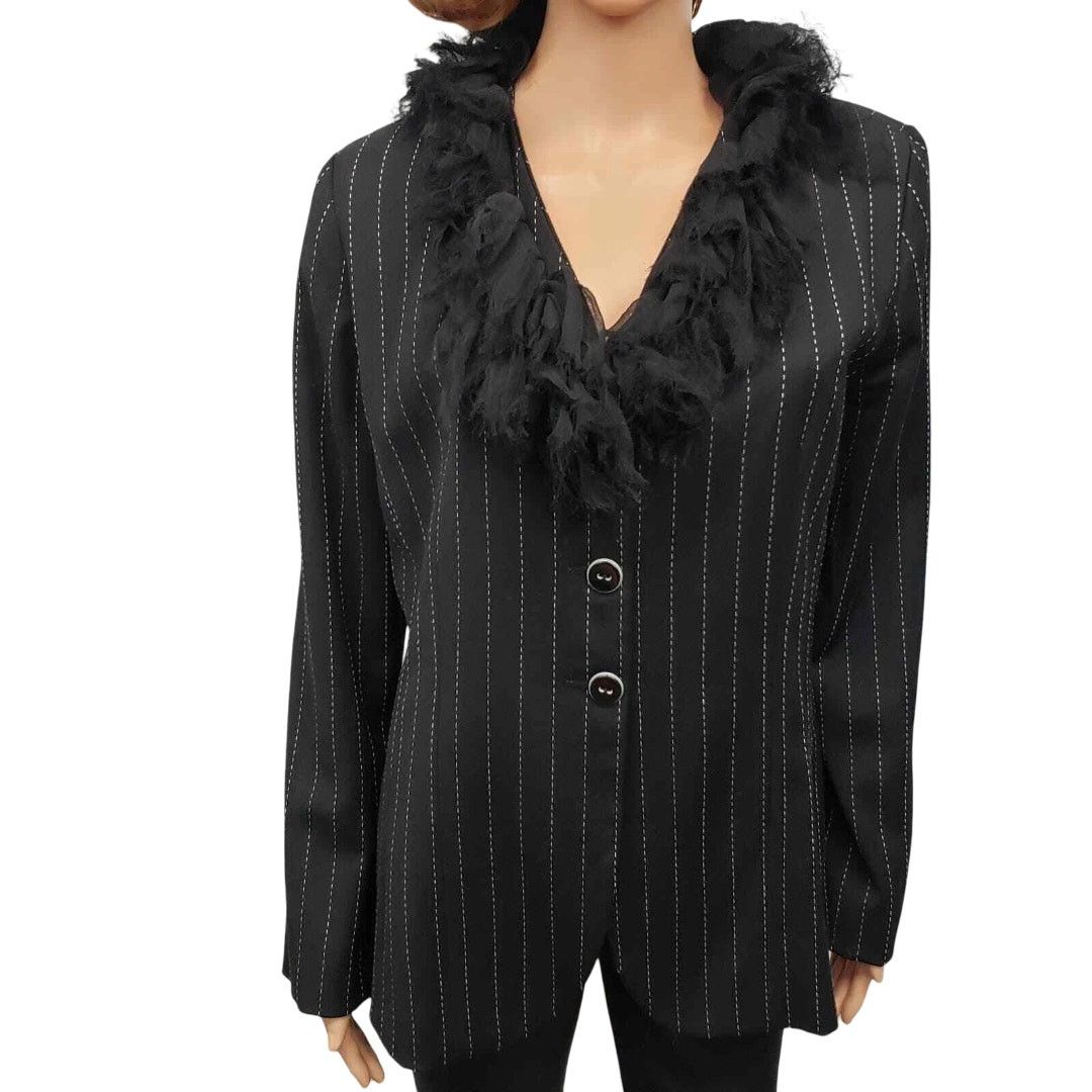 Vintage Pamela Vanderlinde Zone Blazer Jacket Pinstriped Ruffled 8 Size M / US 6-8 / IT 42-44 - 3 Thumbnail